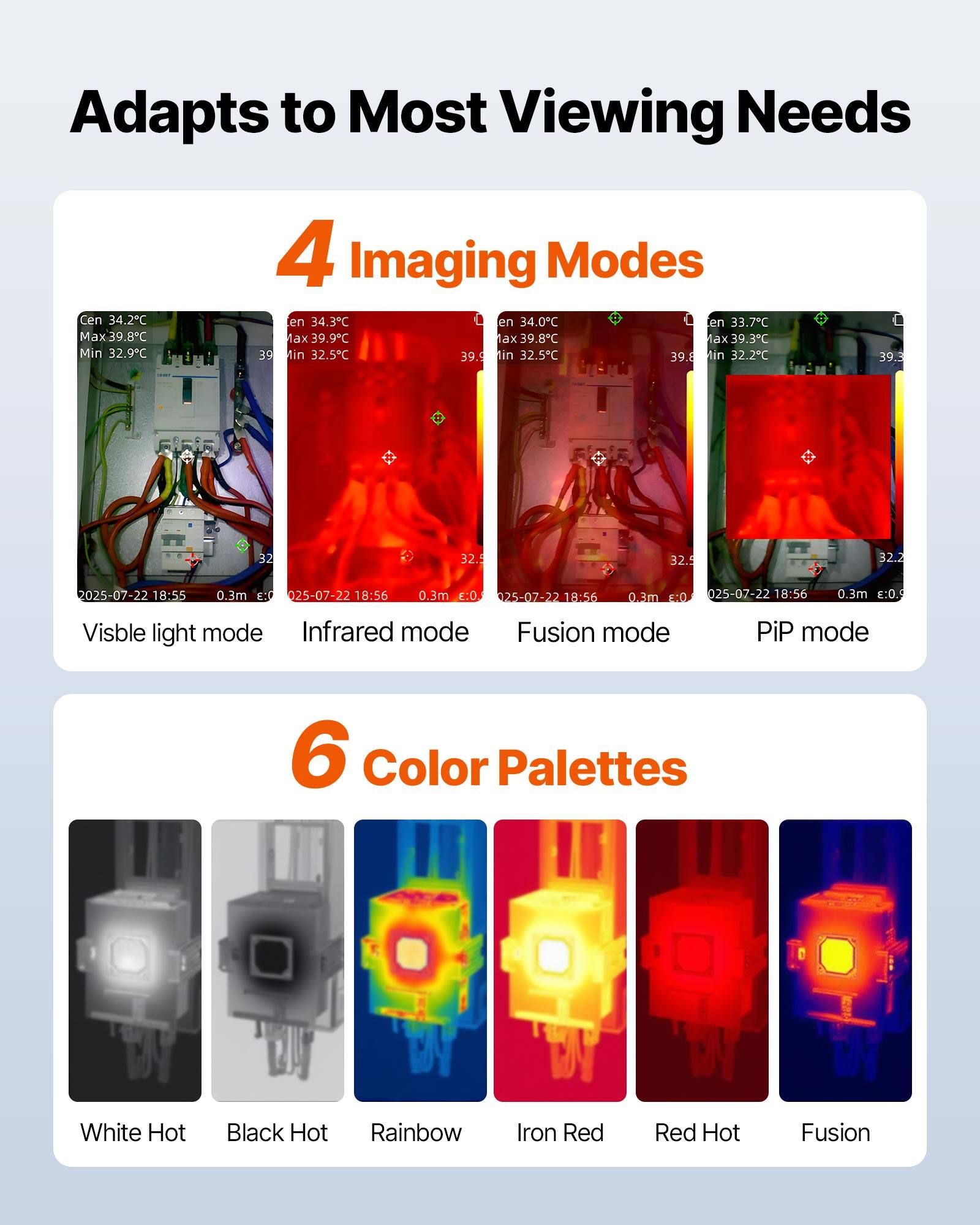 Adapts to Most Viewing Needs

4 Imaging Modes
- Visible light mode
- Infrared mode
- Fusion mode
- PiP mode

6 Color Palettes
- White Hot
- Black Hot
- Rainbow
- Iron Red
- Red Hot
- Fusion