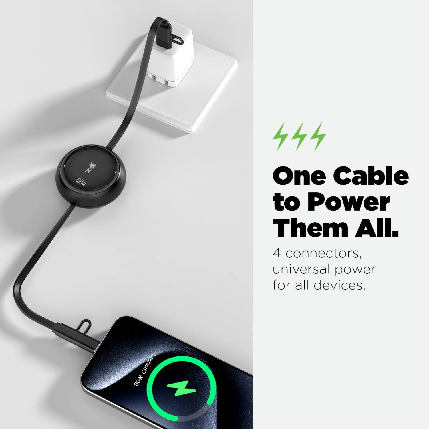 100W One Cable to Power Them All.  
4 connectors, universal power for all devices.  
Charged 80%