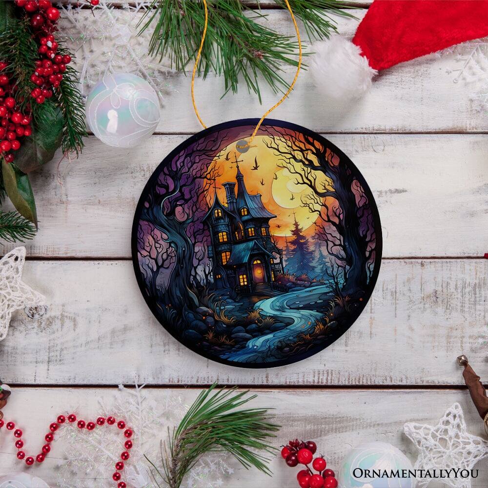 Back. OrnamentallyYou - Eerie Abode Amidst Spooky Trees Stained Glass Style Ceramic Ornament Halloween Themed Christmas - Multi-colored.