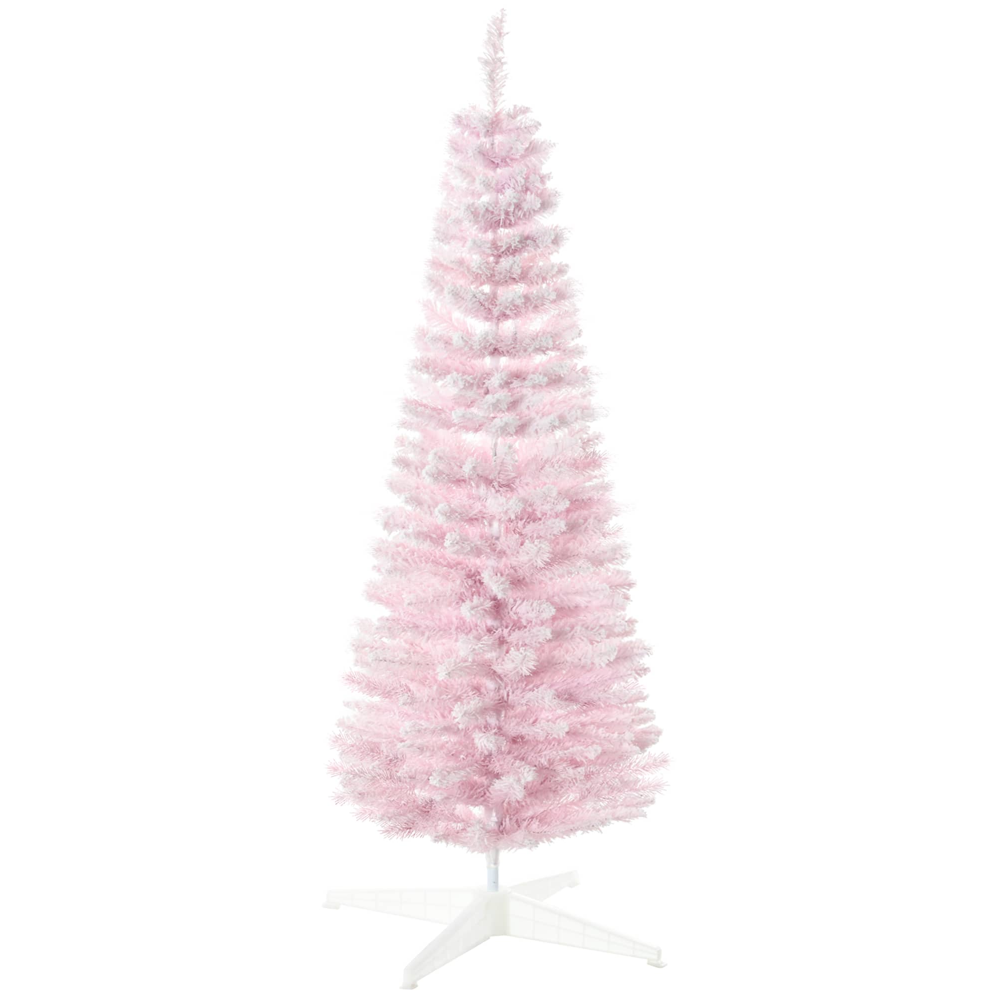 Homcom - 5ft Slim Snow Flocked Pencil Artificial Christmas Tree, Realistic Branches Plastic Base - Pink