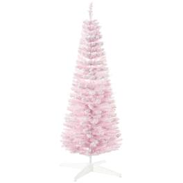 Homcom - Slim Snow Flocked Pencil Artificial Christmas Tree, Realistic Branches Plastic Base - Pink