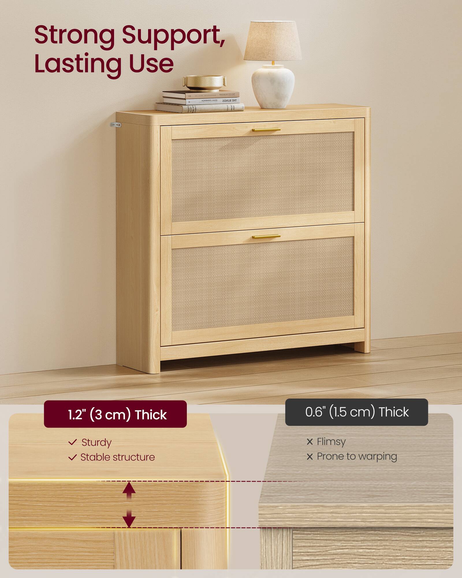 Strong Support, Lasting Use

1.2" (3 cm) Thick
- Sturdy
- Stable structure

0.6" (1.5 cm) Thick
- Flimsy
- Prone to warping
