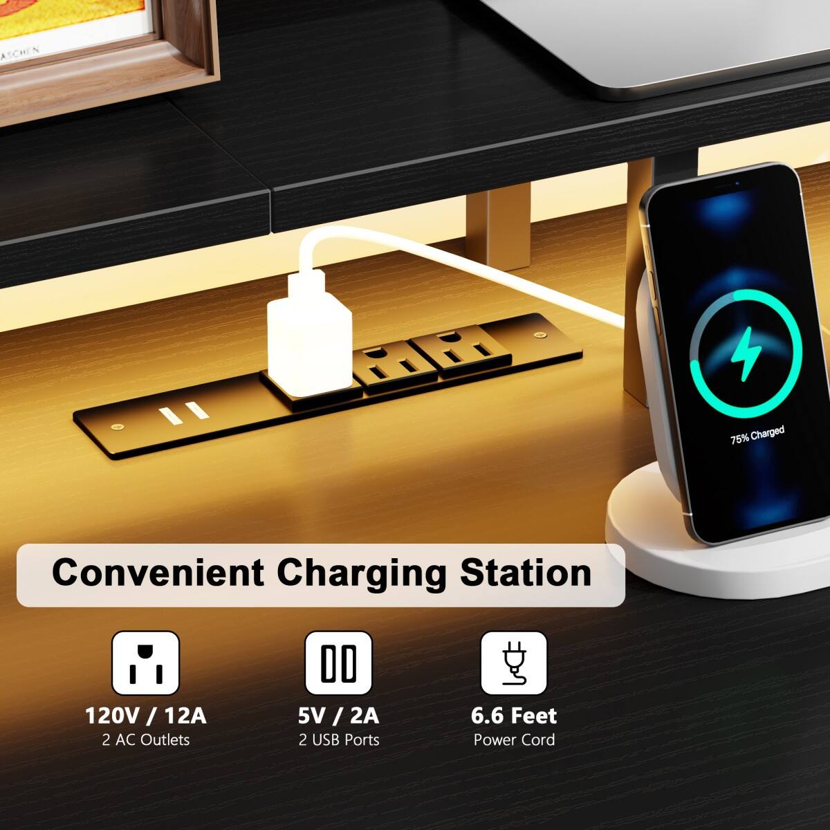 ASCHEN  
MB  
75% Charged  
Convenient Charging Station  
120V/12A 2 AC Outlets  
5V / 2A 2 USB Ports  
6.6 Feet Power Cord