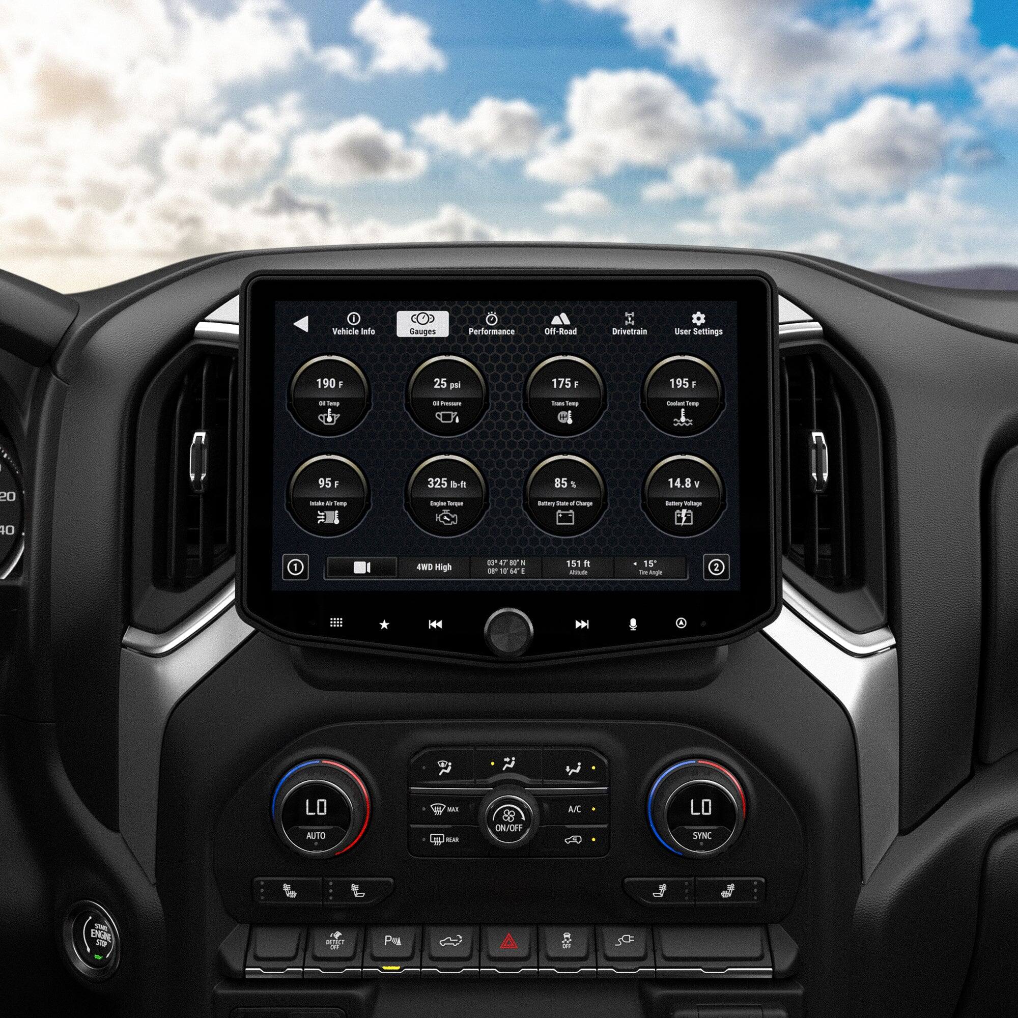 1 Vehicle Info Gauges Performance Off-Road Drivetrain User Settings 190 F 25 psi 175 F 195 F 95 F 325 lb-ft 85 % 14.8 V 151 F 15" 175 F 195 F 95 F 325 lb-ft 85 % 14.8 V 151 F 15"