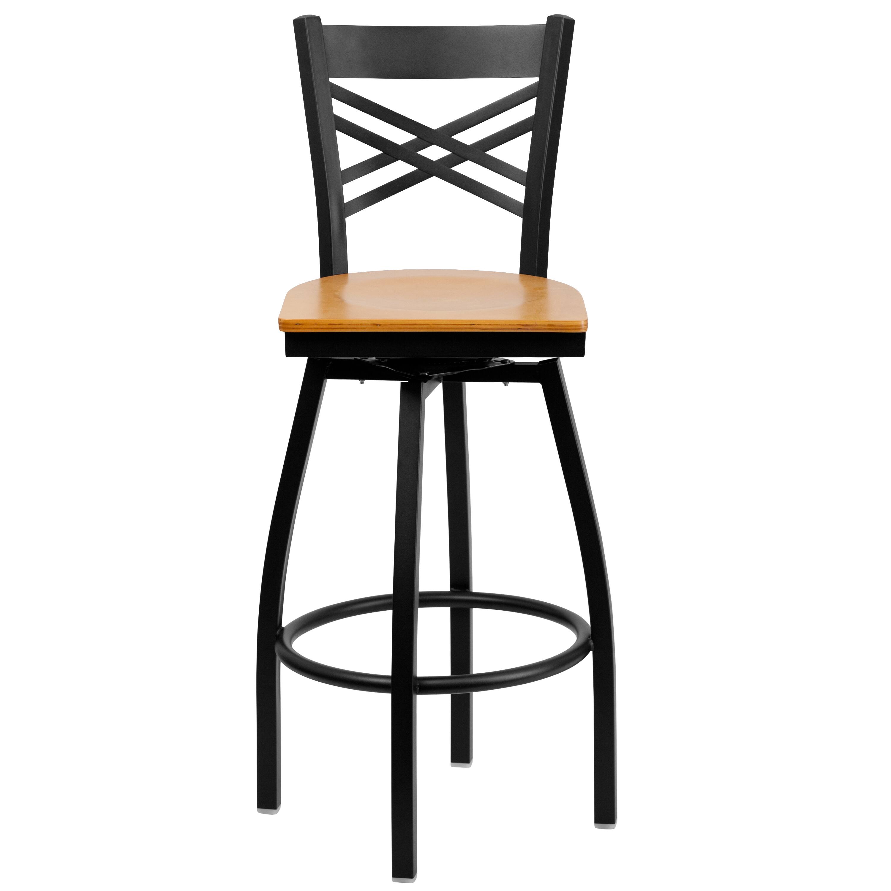 Alt View 5. Emma + Oliver - "X" Back Swivel Metal Restaurant Dining Barstool - Natural Wood Seat/Black Metal Frame.