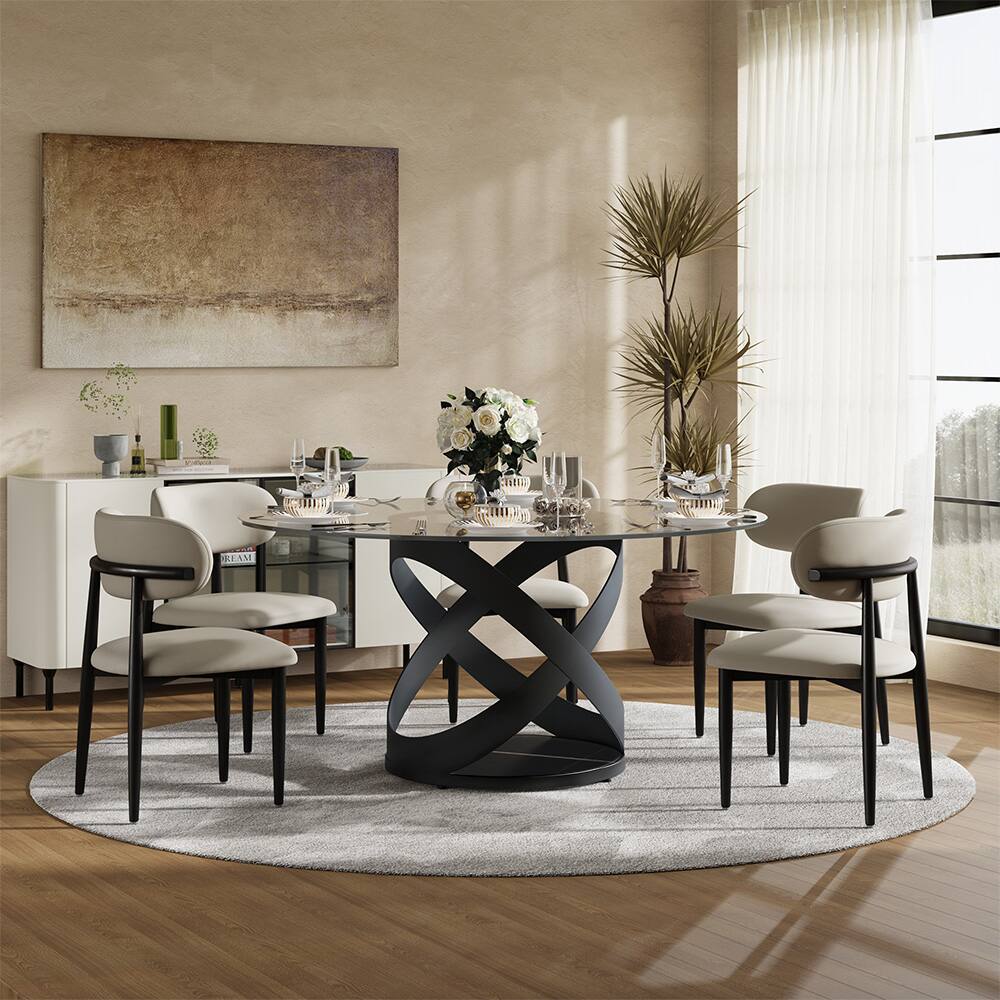 Angle. POVISON - 59" Modern Glass Round Dining Table for 4, Clear Tempered Glass Circle Tabletop with Black X Carbon Steel Base - Clear Tempered Glass with Black.