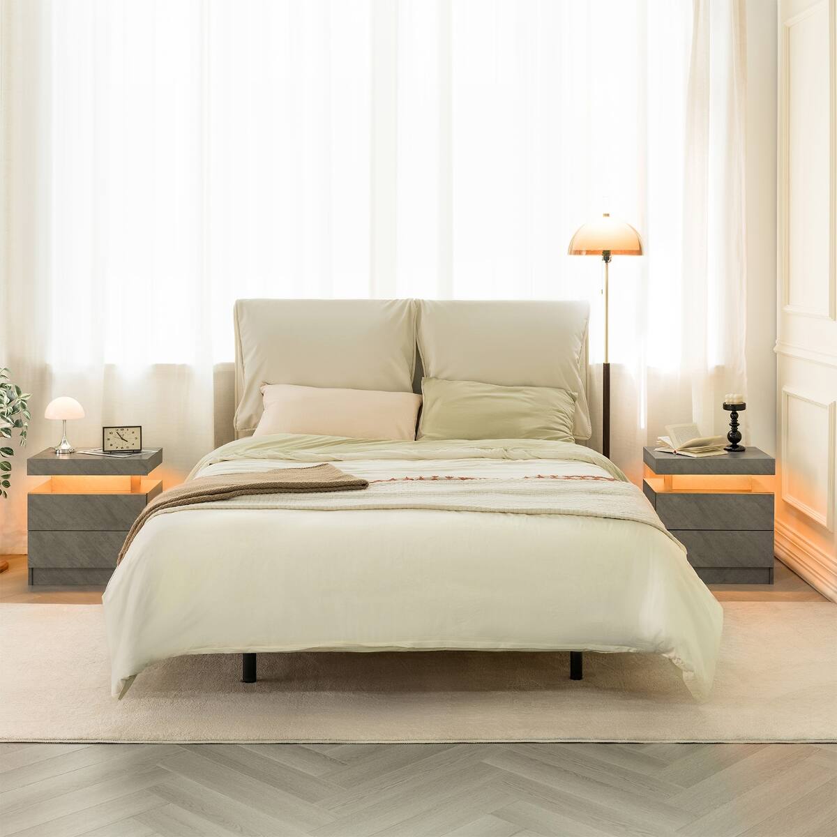 Alt View 2. Loheer - Loheer Modern Gray Nightstand with Two Drawers and LED Lights - Gray.