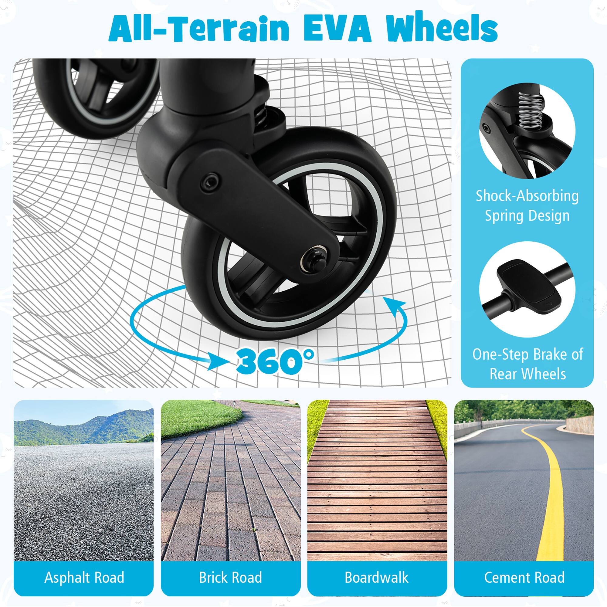 All-Terrain EVA wheels, Shock-Absorbing Spring Design, 360°, One-Step Brake of Rear Wheels, Asphalt Road, Brick Road, Boardwalk, Cement Road