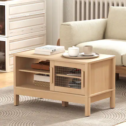 Front. Bestier - Modern Coffee Table with Unique Acrylic Sliding Door, Curved Corners & Adjustable Shelves - wooden.