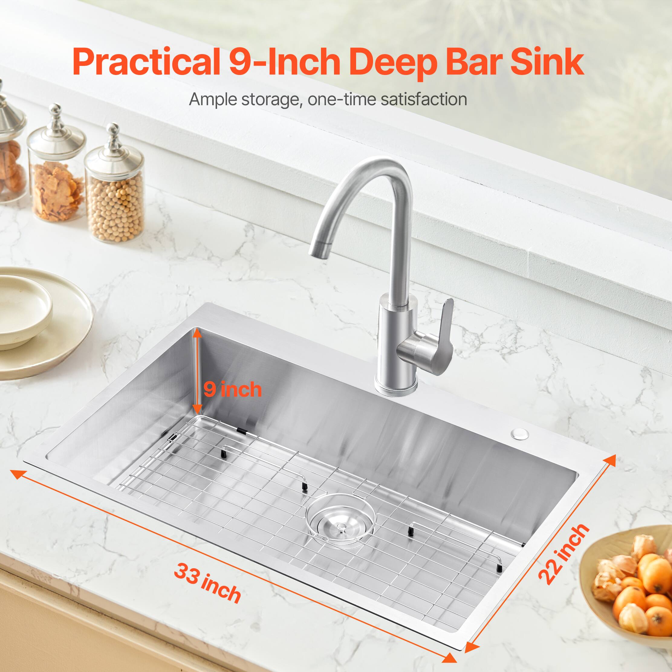 Practical 9-Inch Deep Bar Sink, Ample storage, one-time satisfaction, 9 inch, 33 inch, 22 inch.