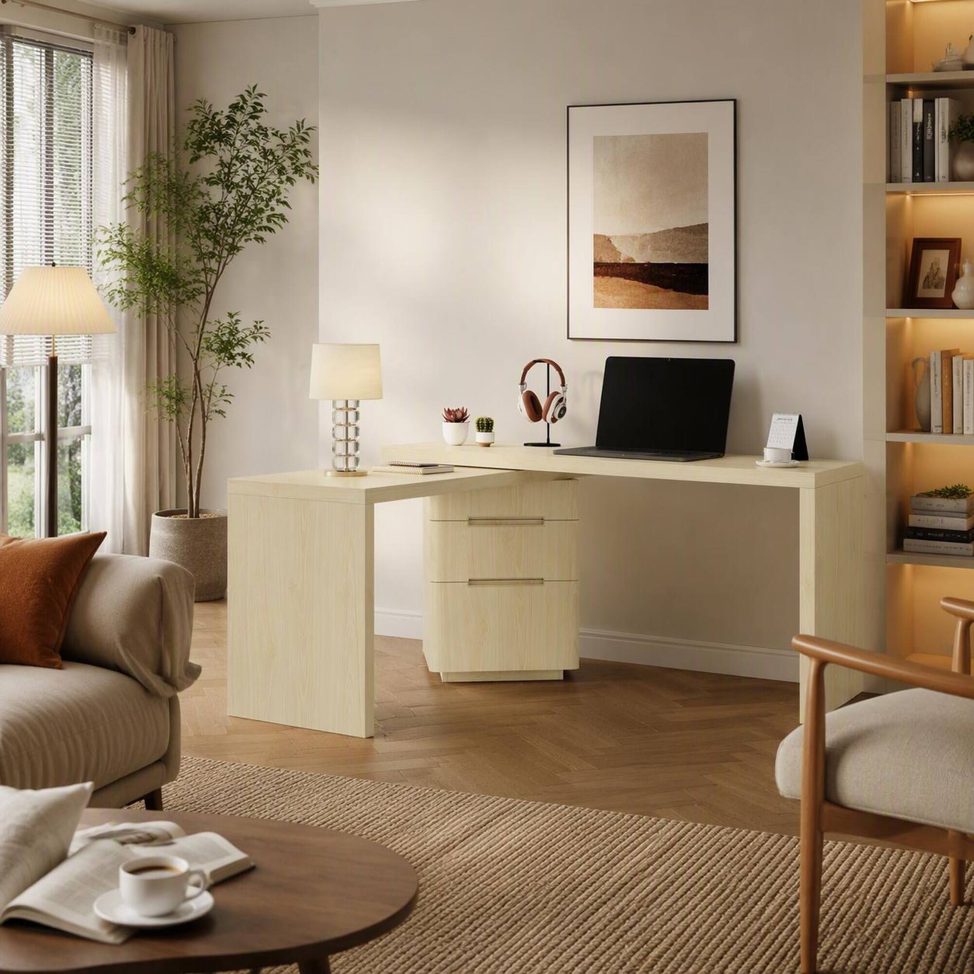 Back. RYHNUYNE - Modern L-Shaped Executive Desk, 90.3 in Natural Wood Finish, 360 degrees Rotating Corner Workstation, 3 Drawers, - Natural Wood.