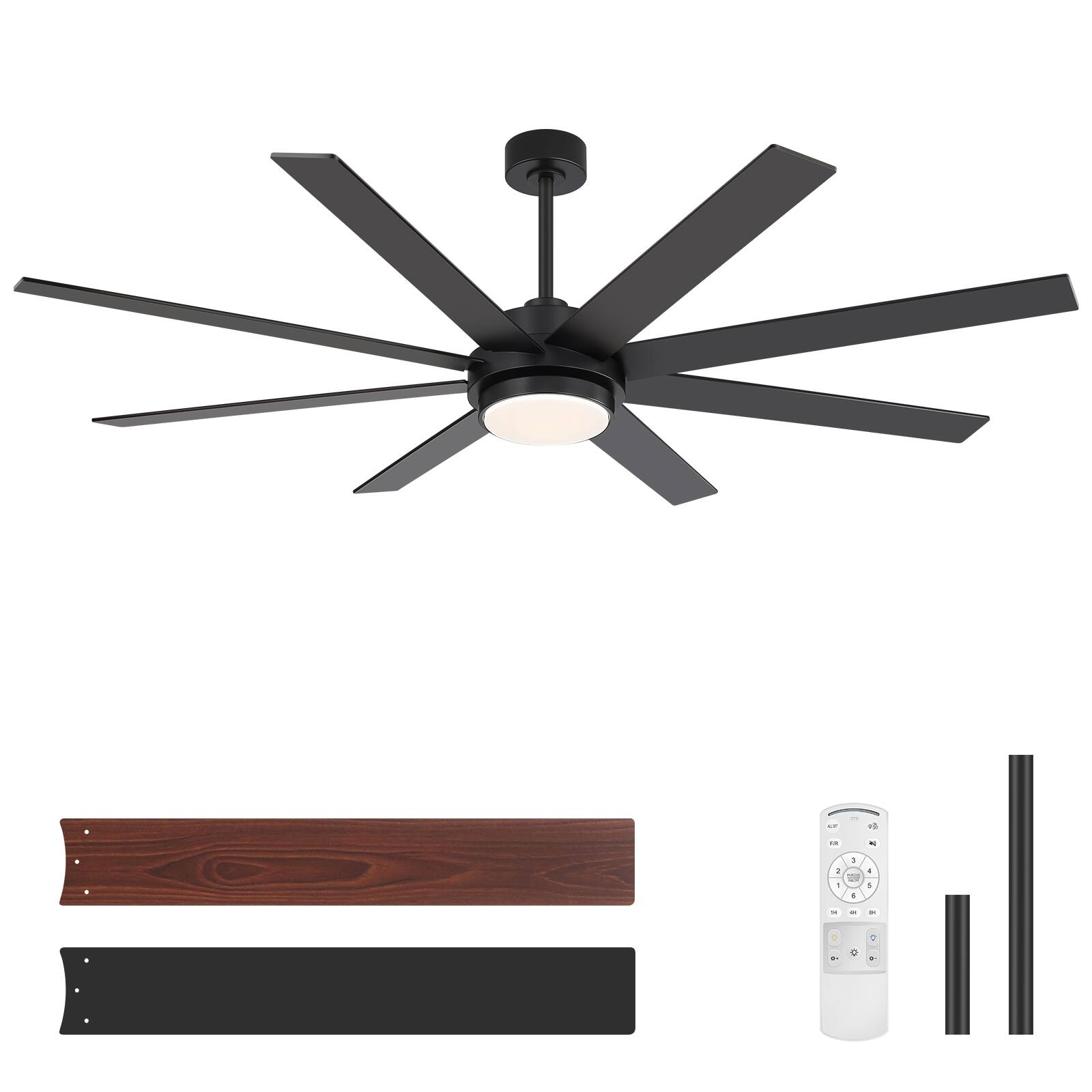 Alt View 10. Breezary - 72 Inch LED Ceiling Fan with Acrylic Light, 8‑Blade, DC Motor, Remote Control, 6 Speeds, 1/4/8H Timer - Black.