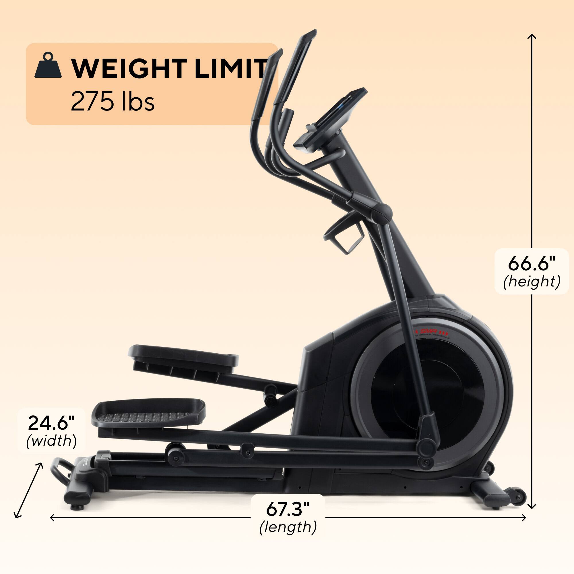 WEIGHT LIMIT 275 lbs  
66.6" (height)  
24.6" (width)  
67.3" (length)