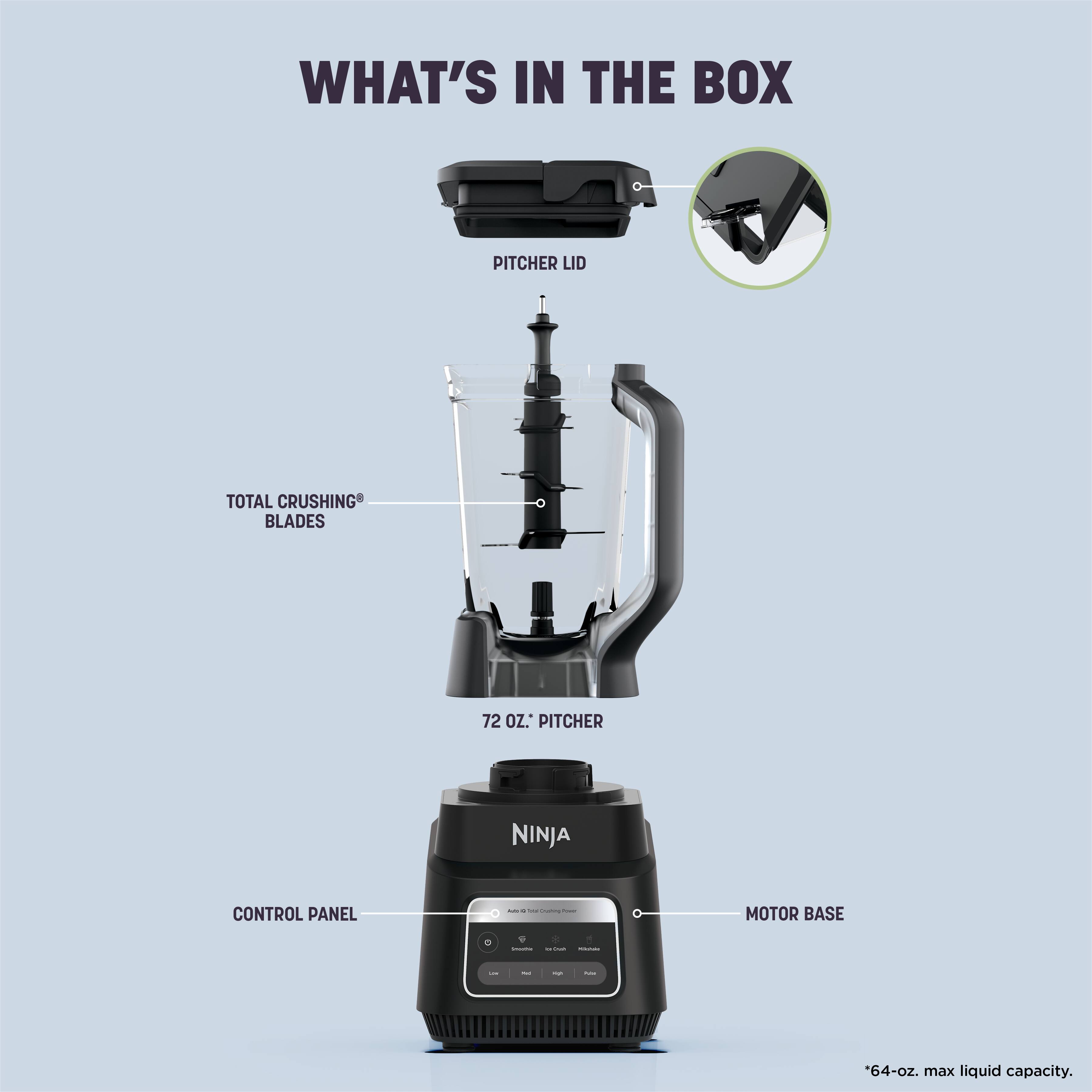 WHAT'S IN THE BOX

PITCHER LID

TOTAL CRUSHING BLADES

72 OZ. PITCHER

NINJA

CONTROL PANEL

MOTOR BASE

*64-oz. max liquid capacity.