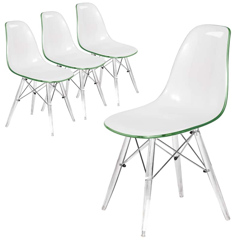 LeisureMod - Cresco 4-Pieces Modern Plastic Dining Chair with Chrome Support Base and Acrylic Legs - White Green