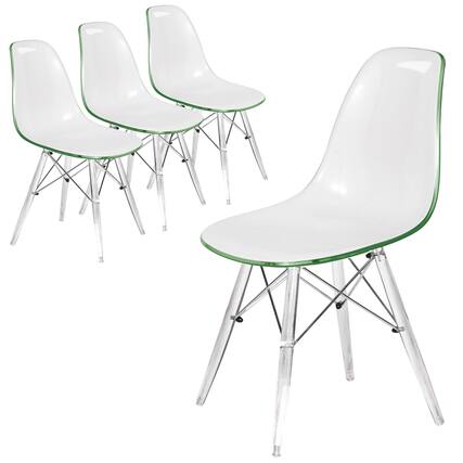 Front. LeisureMod - Cresco 4-Pieces Modern Plastic Dining Chair with Chrome Support Base and Acrylic Legs - White Green.