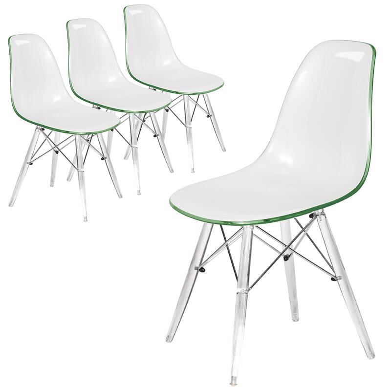 Front. LeisureMod - Cresco 4-Pieces Modern Plastic Dining Chair with Chrome Support Base and Acrylic Legs - White Green.