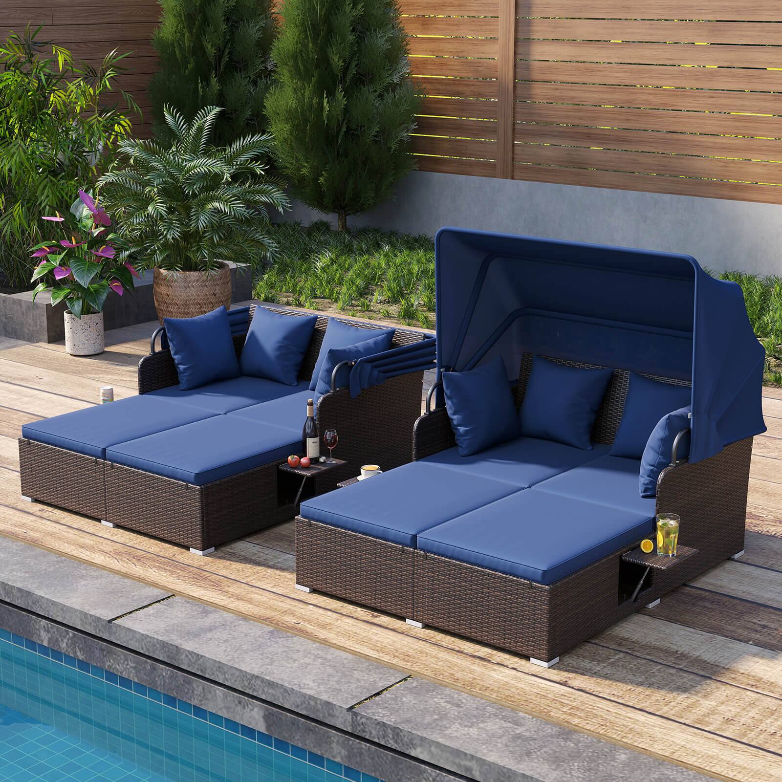 Alt View 5. Costway - Costway Patio Rattan Daybed Lounge Retractable Top Canopy Side Tables Cushions - Mix Brown + Navy.