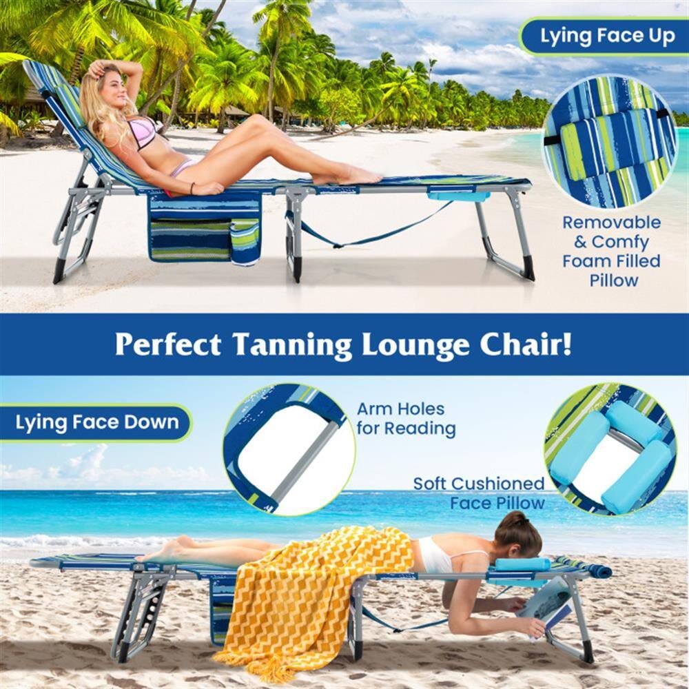 Perfect Tanning Lounge Chair!

Lying Face Up
- Removable & Comfy Foam Filled Pillow

Lying Face Down
- Arm Holes for Reading
- Soft Cushioned Face Pillow