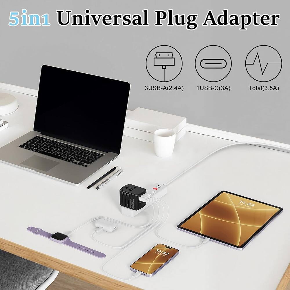 5in1 Universal Plug Adapter

3USB-A(2.4A) 1USB-C(3A) Total(3.5A)