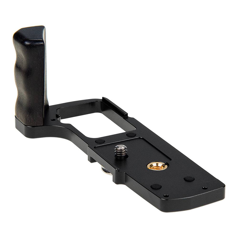 Left. Fotodiox - Deluxe Metal Camera Hand Grip f/ OM SYSTEM OM-5 & Olympus OM-D E-M5 Mark III Cameras w/ Wooden Accent & Battery Access.