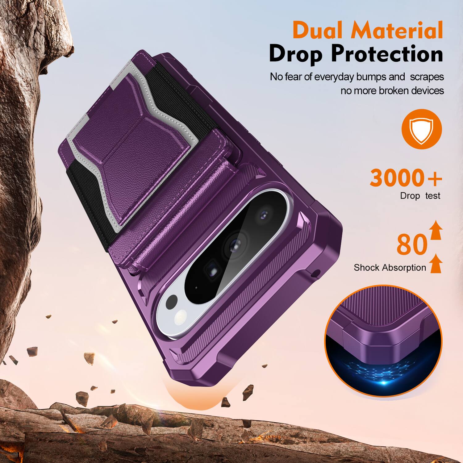 Dual Material Drop Protection  
No fear of everyday bumps and scrapes, no more broken devices  

3000+ Drop test  
80 Shock Absorption