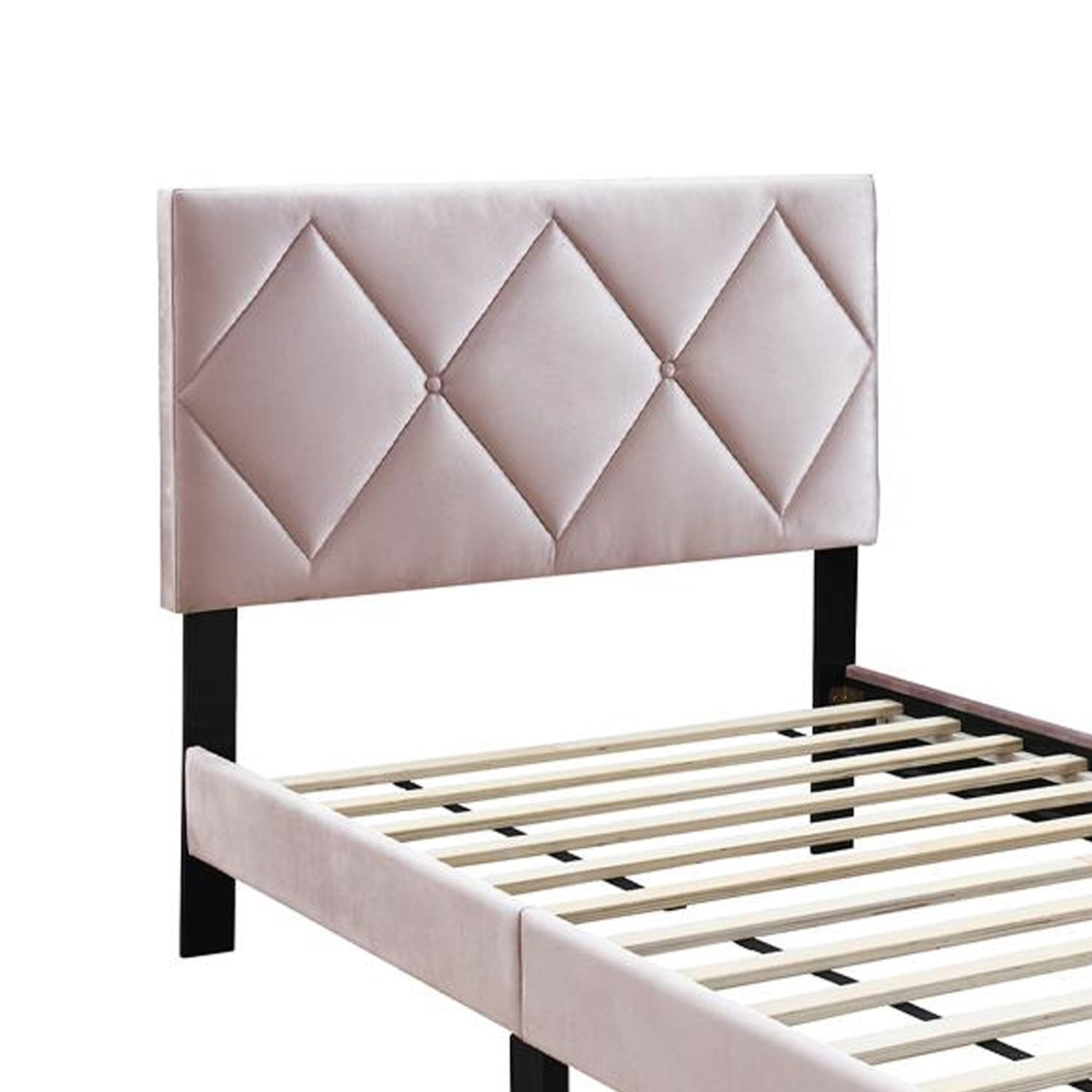 Alt View 2. Manhattan Lane - Lilian Full Bed, Tufted Light Pink Velvet Upholstery, Diamond Stitch - Pink, Black.