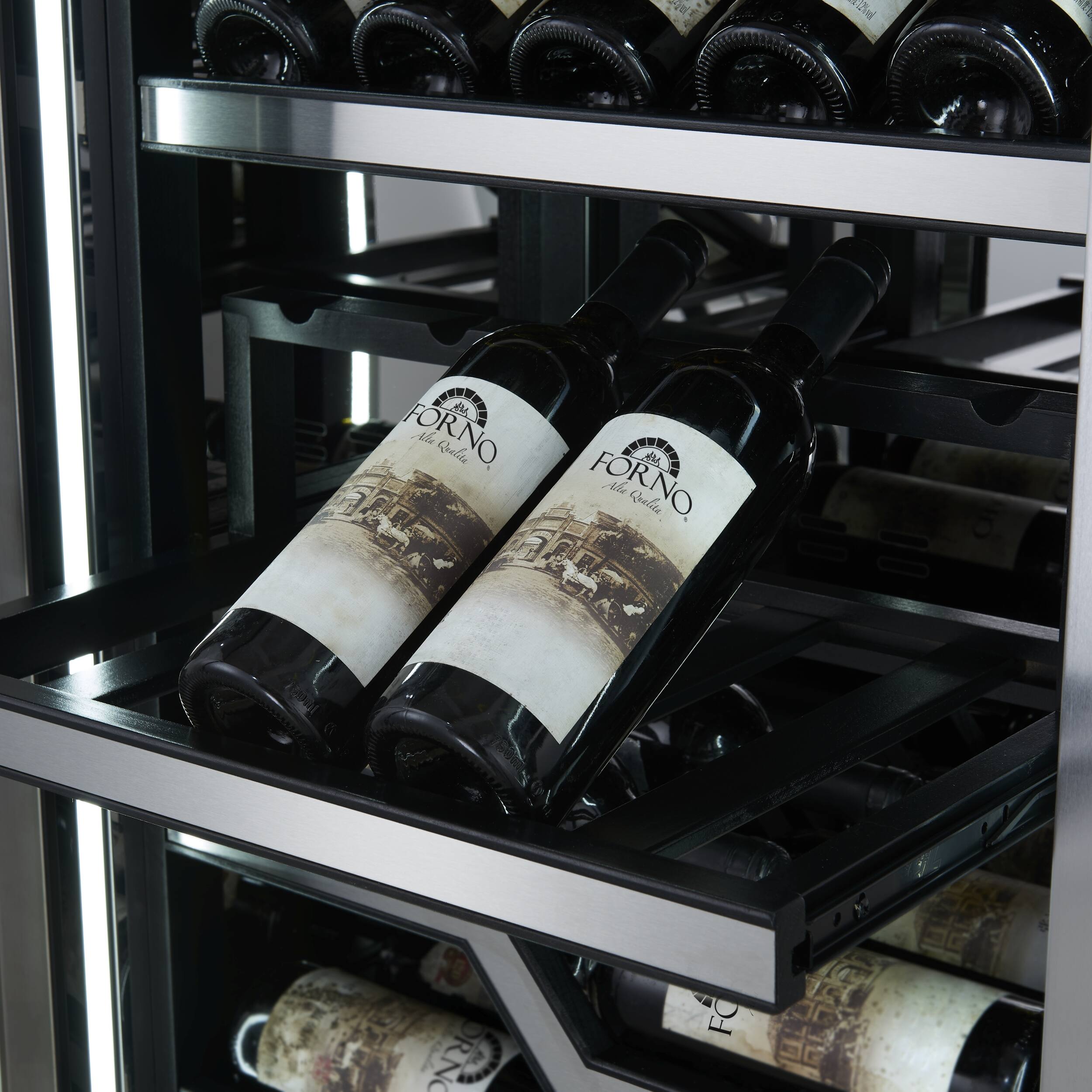 The image features a wine rack with several bottles of wine, including two bottles of Forno wine. The wine rack is filled with various wine bottles, some of which are placed in the upper and lower sections of the rack. The bottles are arranged in a way that showcases the different types of wine available, making it an attractive display for wine enthusiasts.