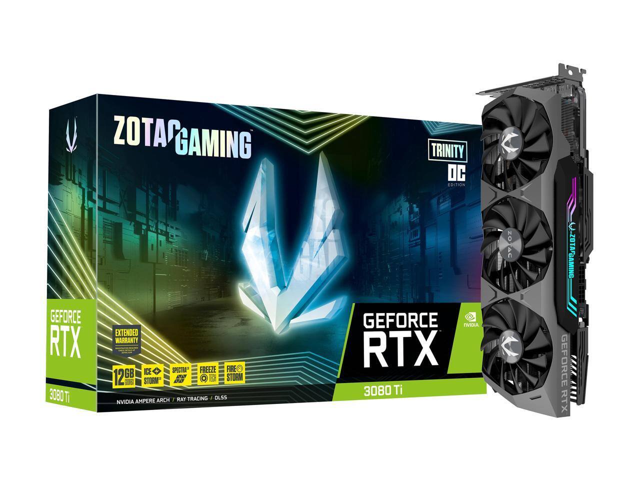 ZOTAC GAMING TRINITY OC EDITION GEFORCE RTX 3080 Ti EXTENDED WARRANTY ICE SPECTRA FREEZE FIRE STORM 12GB GEFORCE RTX 3080 Ti NVIDIA AMPERE ARCH / RAY TRACING / DLSS