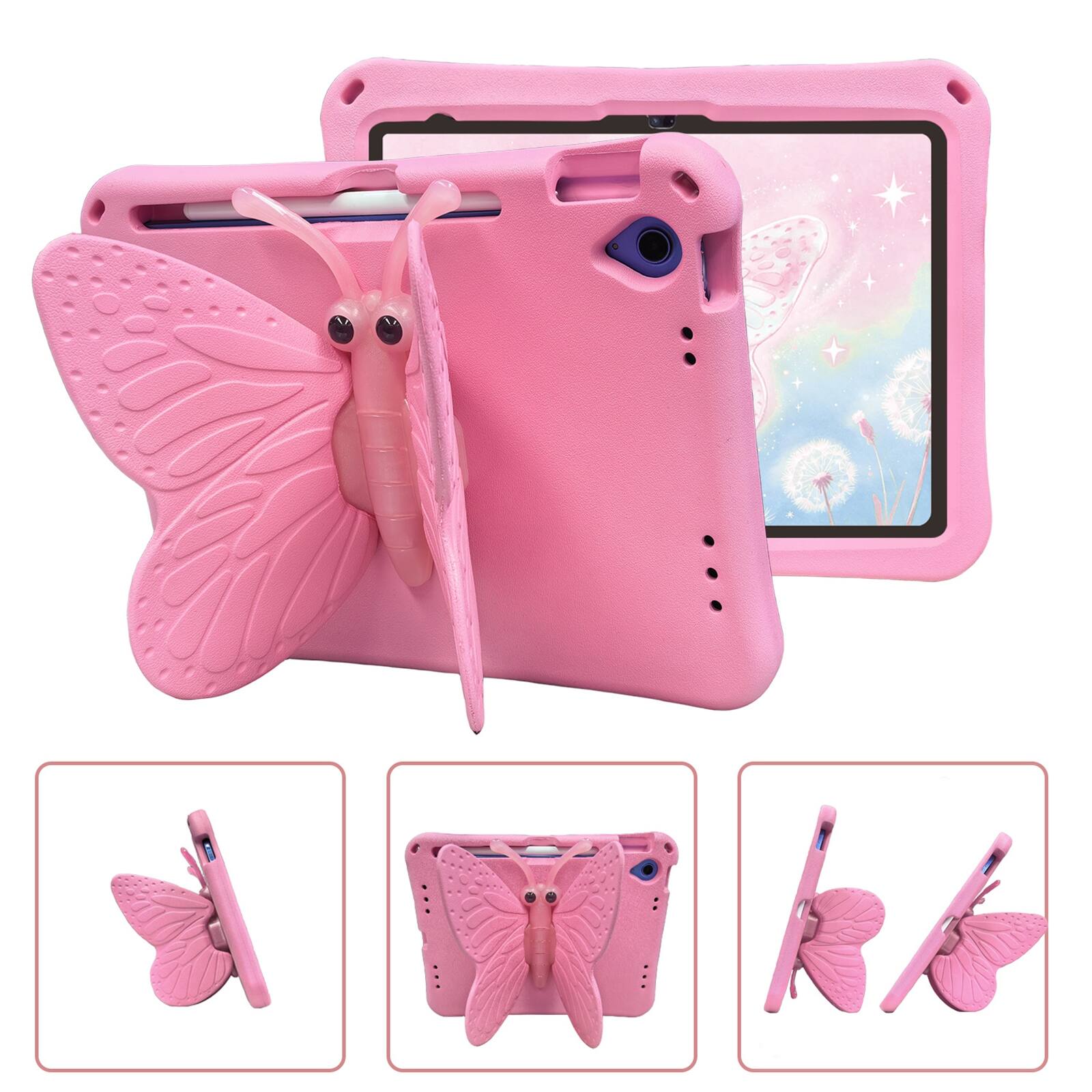 Angle. UUCOVER - Butterfly Case for iPad (A16) 11-inch 2025/iPad 10th Gen 10.9" 2022,Shockproof EVA Kids Case 360° Rotating Stand Cover - Pink.