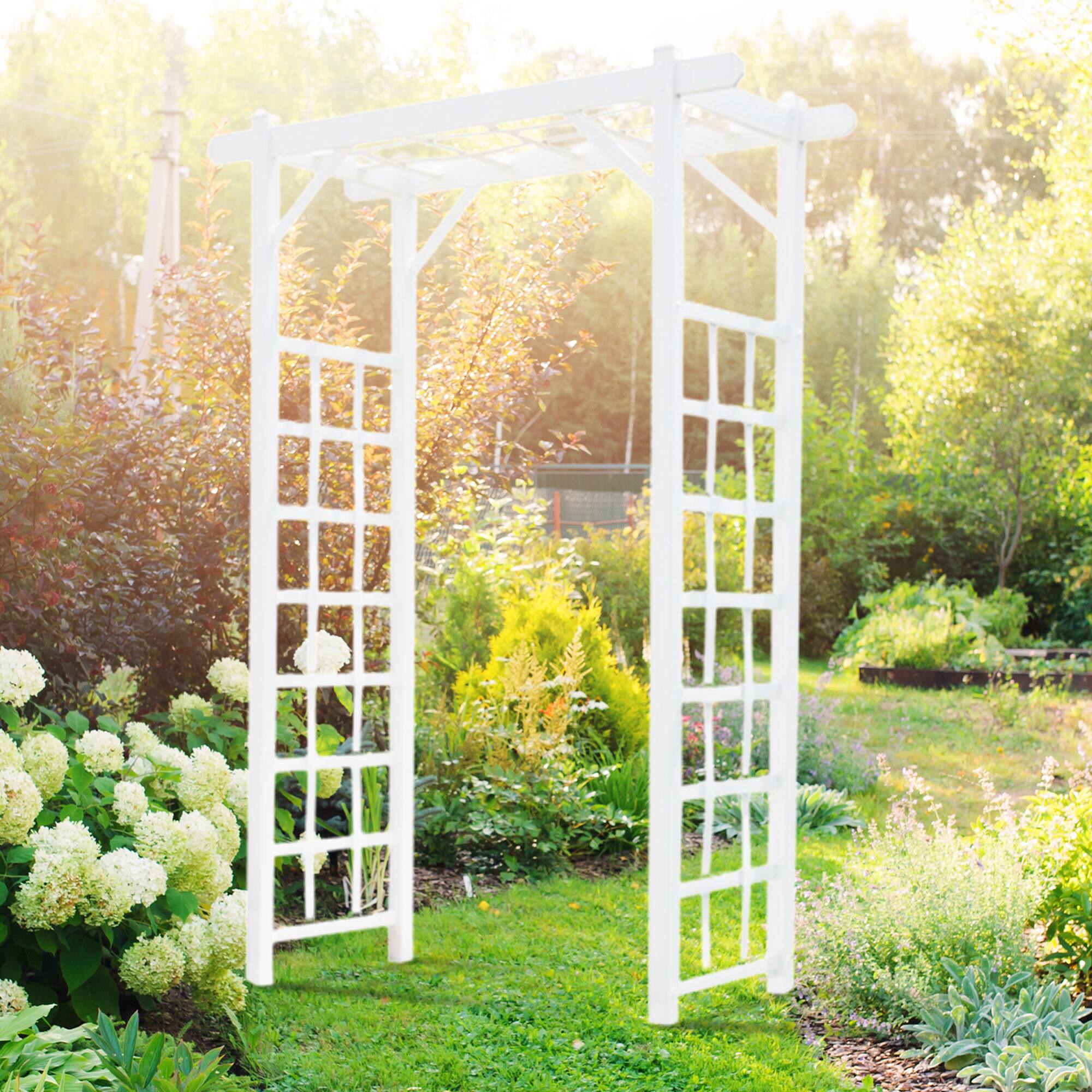Alt View 3. Dura-Trel - Dura-Trel Elmwood Arbor 57" x 84" PVC Outdoor Garden Arch Lattice Trellis, White - White.
