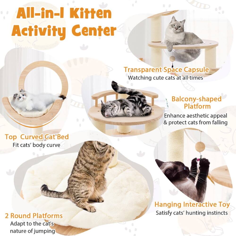 All-in-1 Kitten Activity Center

Transparent Space Capsule
Watching cute cats at all times

Balcony-shaped Platform
Enhance aesthetic appeal & protect cats from falling

Top Curved Cat Bed
Fit cats' body curve

2 Round Platforms
Adapt to the cat's nature of jumping

Hanging Interactive Toy
Satisfy cats' hunting instincts