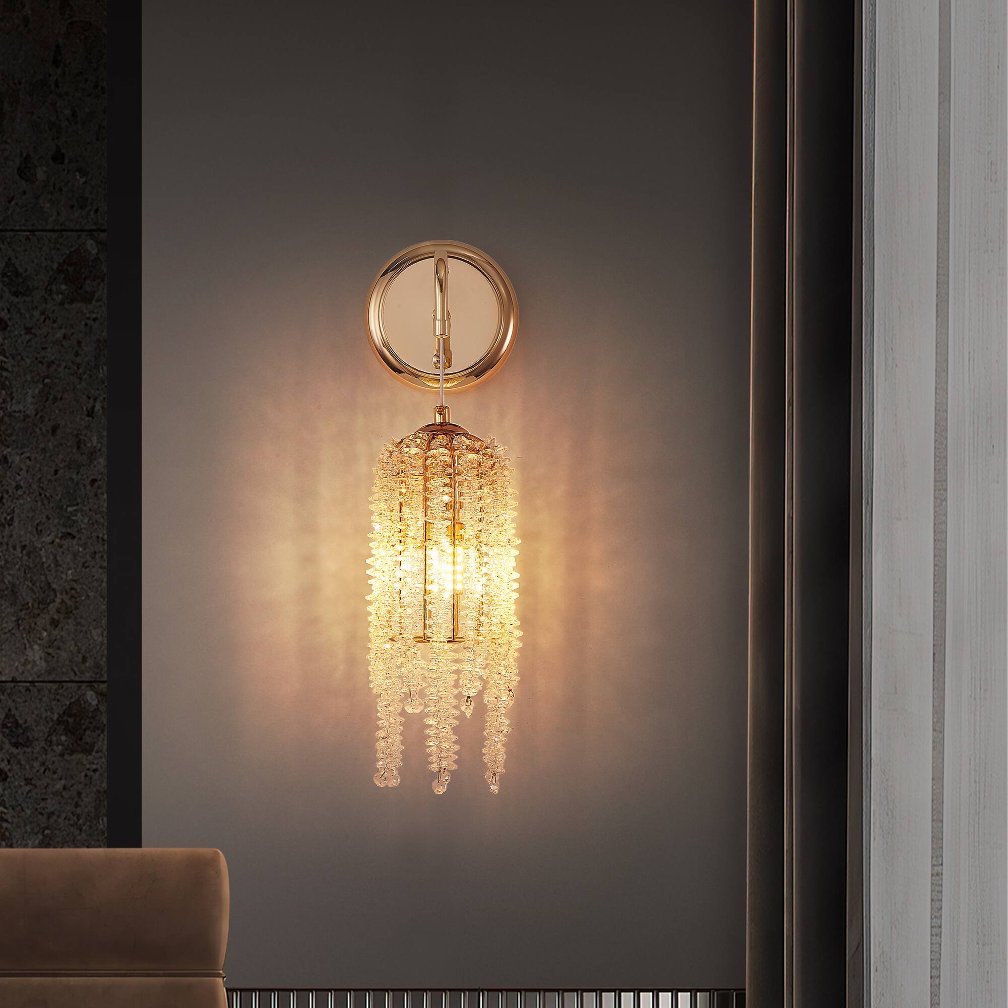 Back. APRILSOUL - Set of 2 Gold Frame and Cascading Crystal Bead String Wall Sconces E12 Bulb Socket Bulb Not Included.