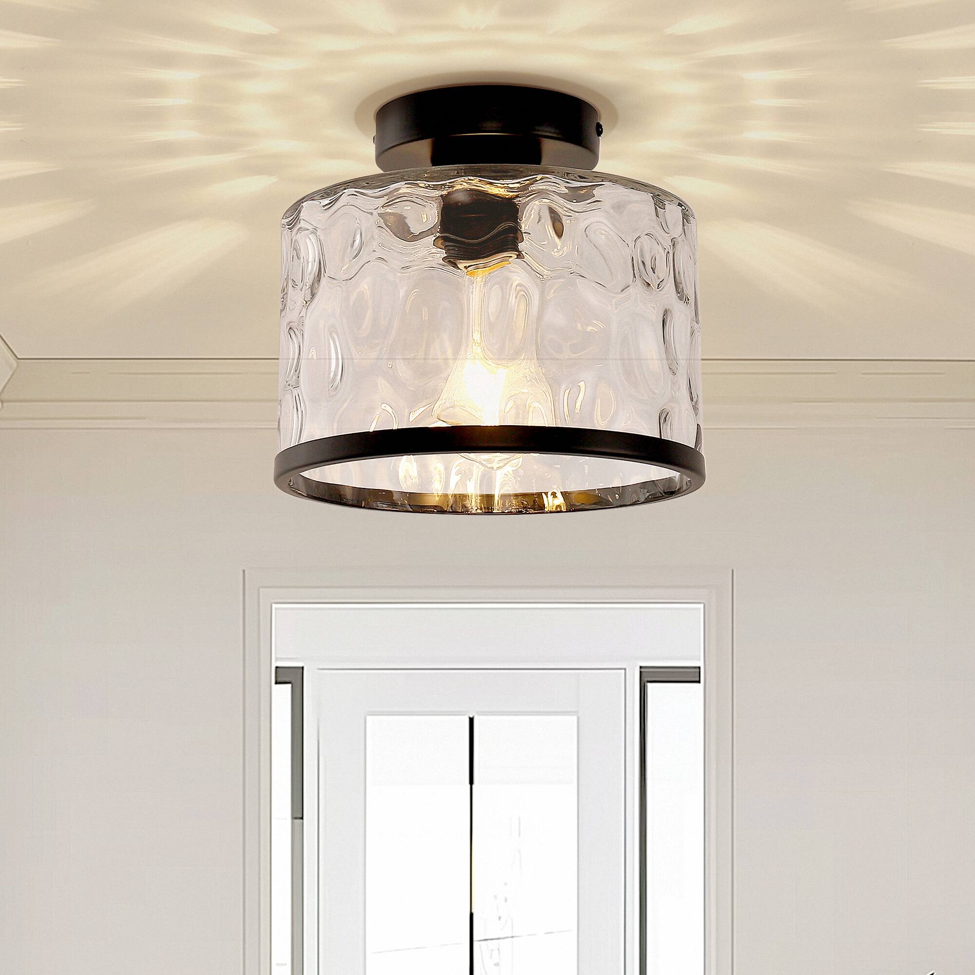 Left. Jandcase - JANDCASE 1-Light Black Semi-Flush Mount Ceiling Light, Wave Glass Shade, E26 Socket, Non-Integrated Bulbs, for Hallway - Black.