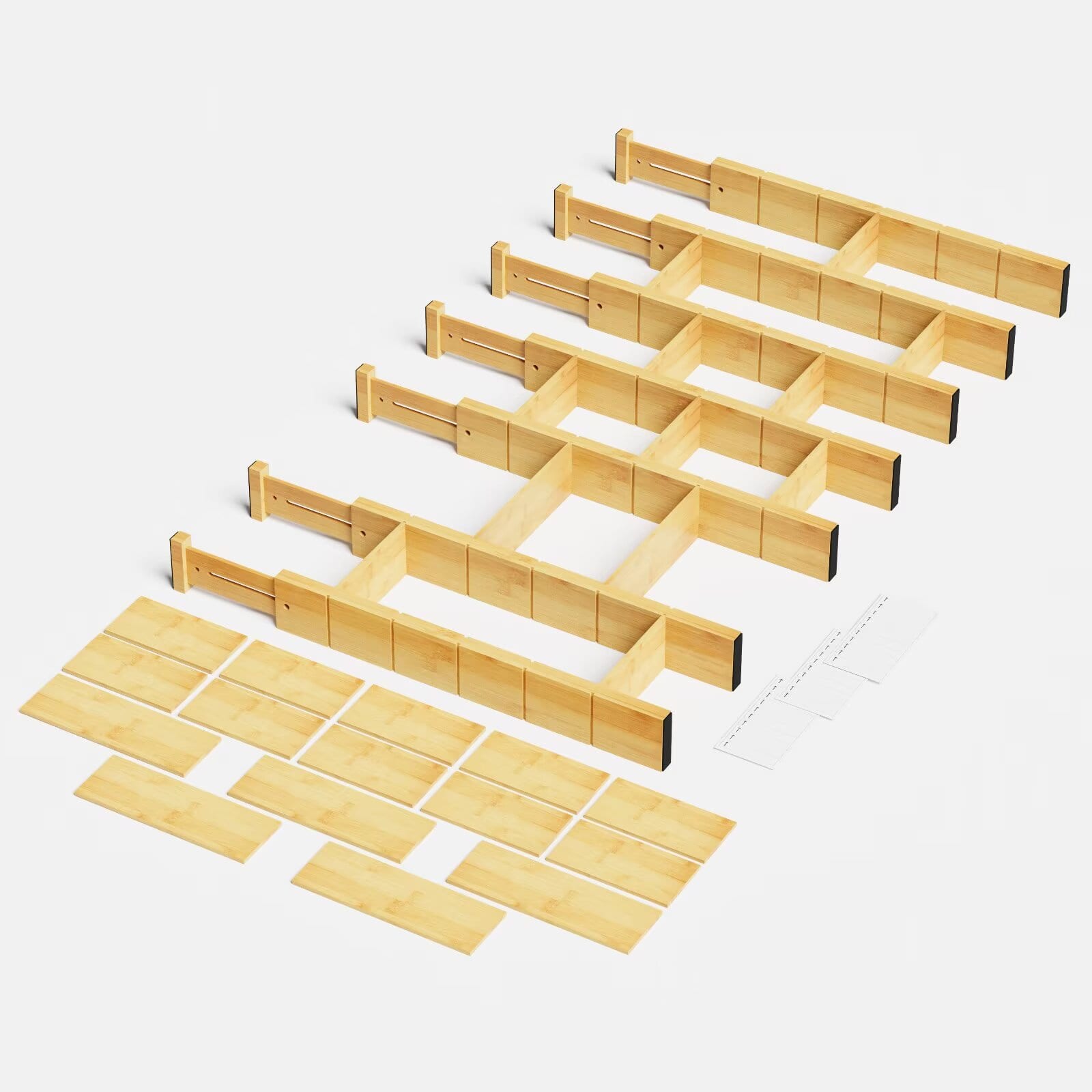 Tooloton - Adjustable Bamboo Drawer Organizers Set, 7 Dividers with 15 Inserts and Labels for Kitchen, Office (17-22 Inch - Natural