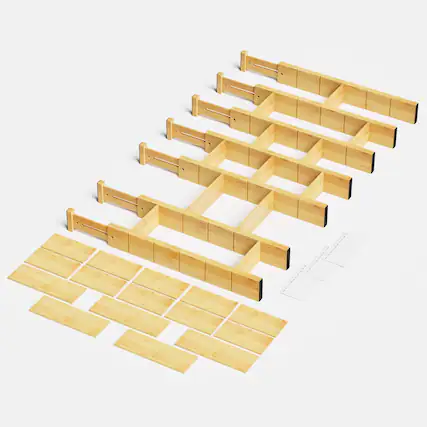 Front. Tooloton - Adjustable Bamboo Drawer Organizers Set, 7 Dividers with 15 Inserts and Labels for Kitchen, Office (17-22 Inch, Natural) - Natural.