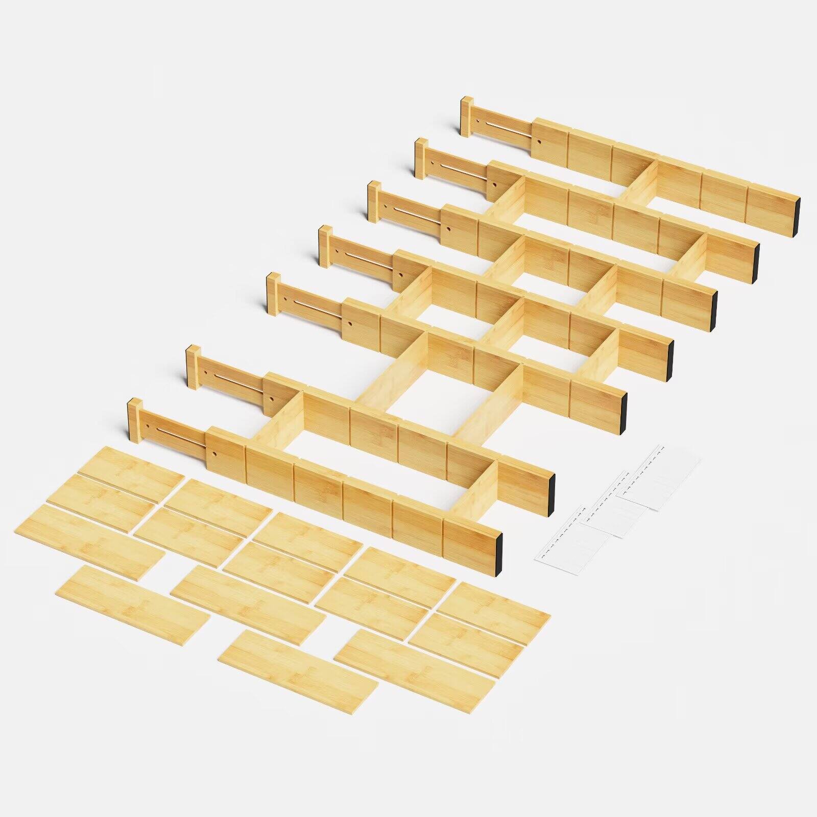 Front. Tooloton - Adjustable Bamboo Drawer Organizers Set, 7 Dividers with 15 Inserts and Labels for Kitchen, Office (17-22 Inch, Natural) - Natural.