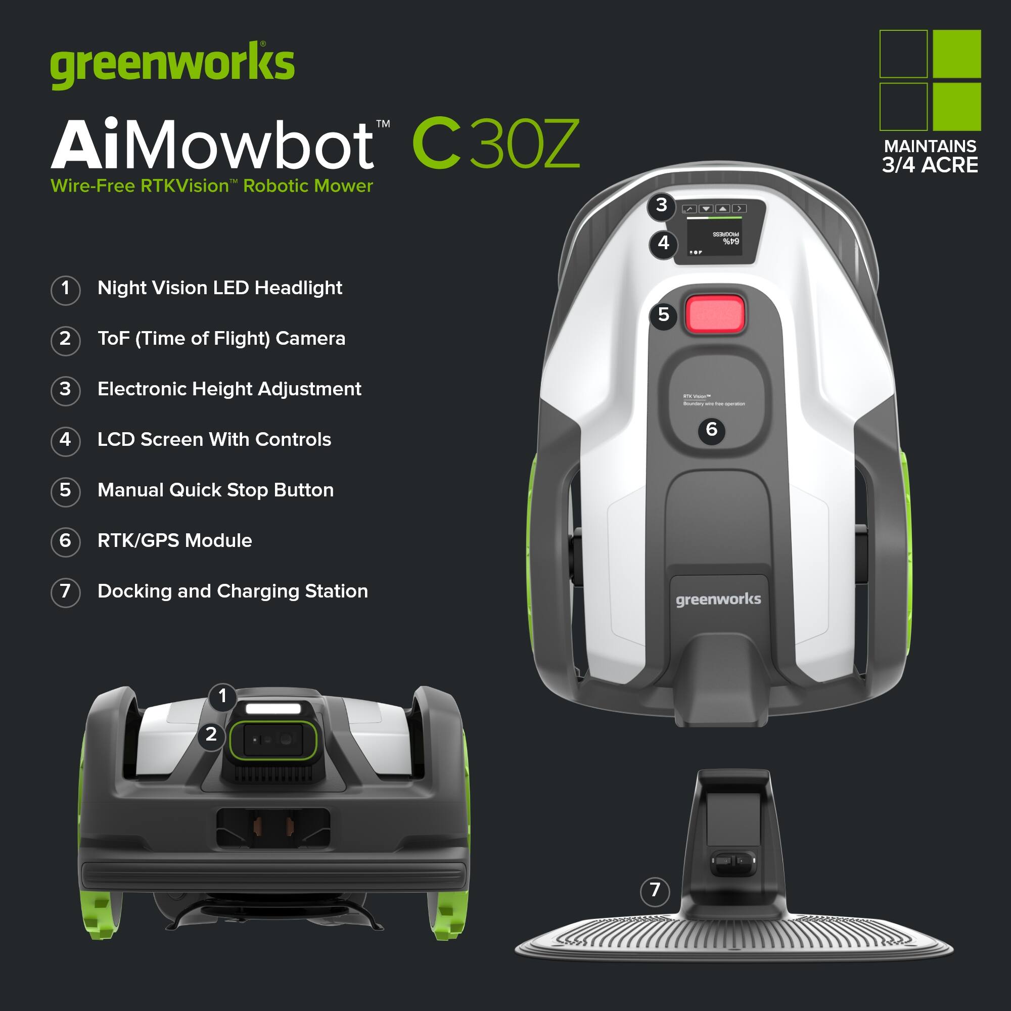greenworks AiMowbot C30Z Wire-Free RTKVision Robotic Mower  
MAINTAINS 3/4 ACRE  

1. Night Vision LED Headlight  
2. ToF (Time of Flight) Camera  
3. Electronic Height Adjustment  
4. LCD Screen With Controls  
5. Manual Quick Stop Button  
6. RTK/GPS Module  
7. Docking and Charging Station