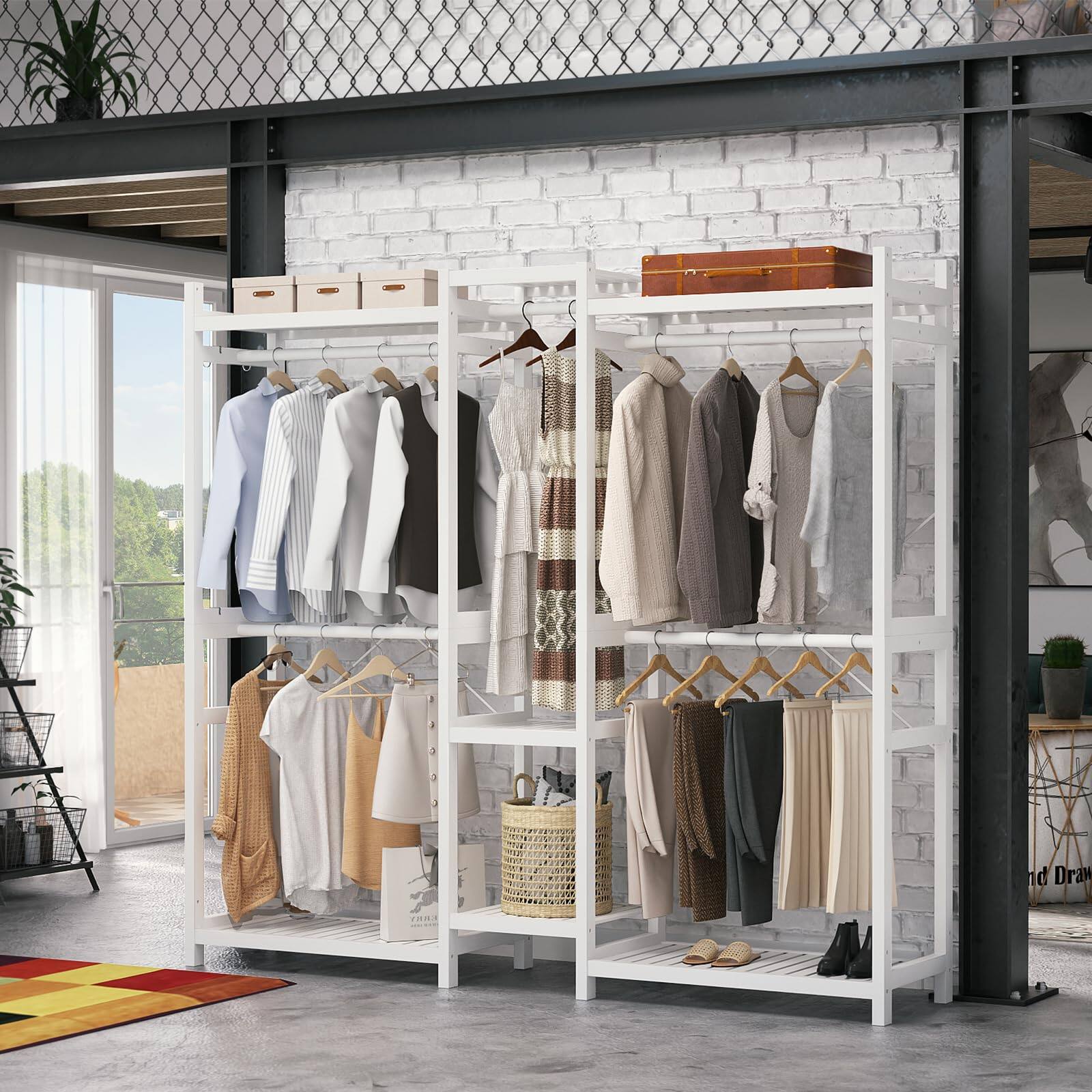 Back. Aheaplus - Bamboo Large Freestanding Garment Rack - 7 Shelves, 5 Rods & 4 Hooks - Open Closet Organizer - White.