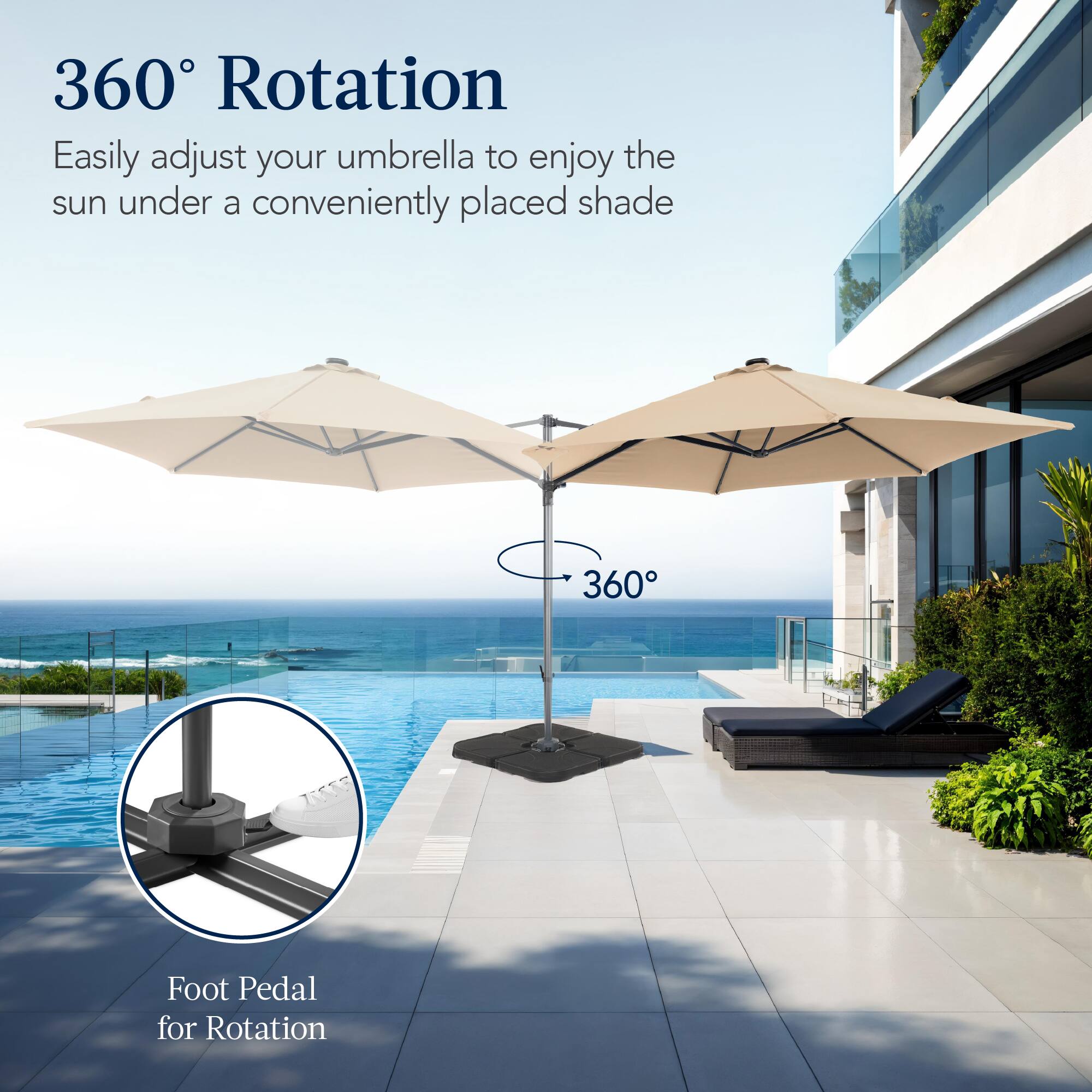 360° Rotation

Easily adjust your umbrella to enjoy the sun under a conveniently placed shade.

360° Foot Pedal for Rotation