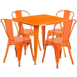 Emma + Oliver - Commercial Grade 31.5" Square Metal Indoor-Outdoor Table Set with 4 Stack Chairs - Orange