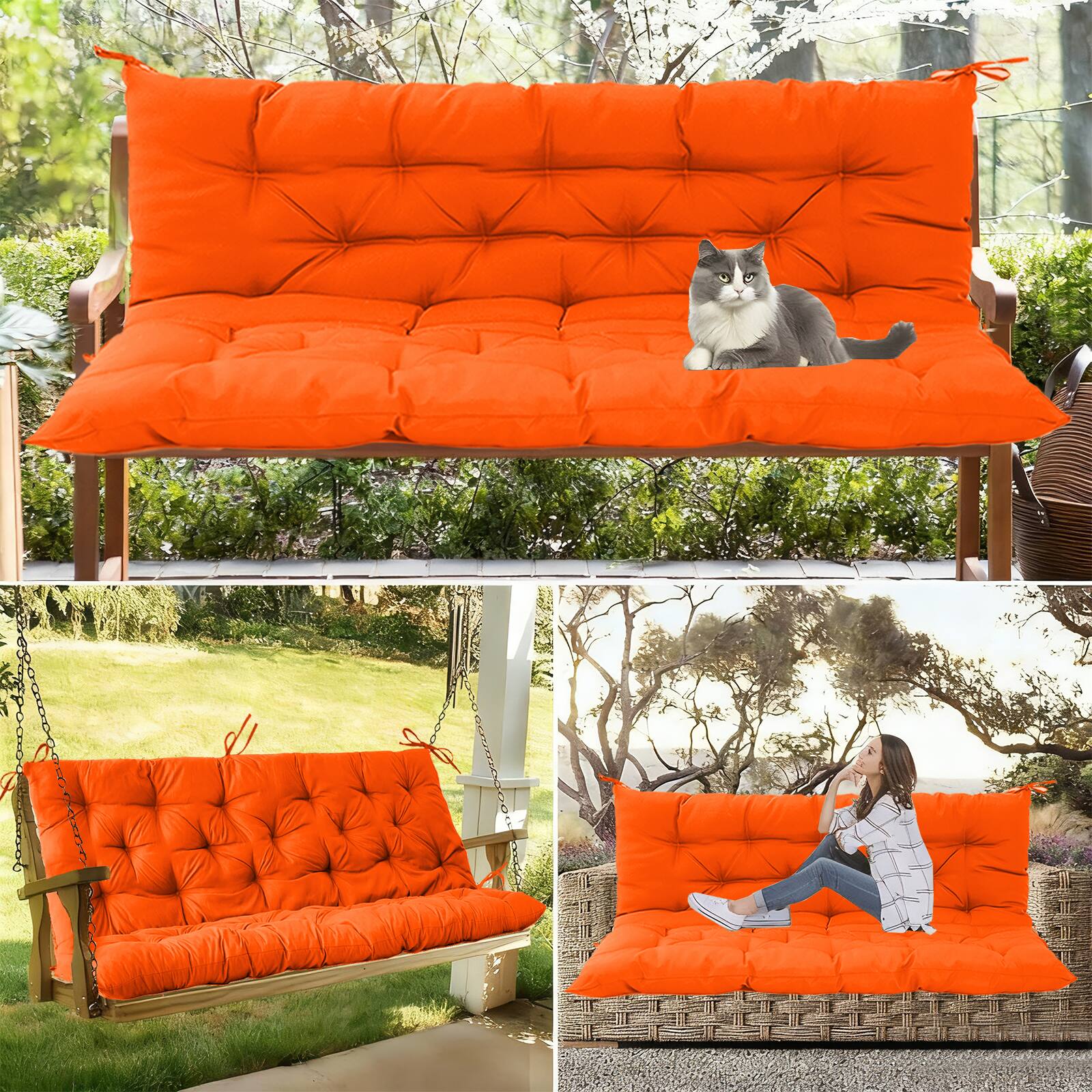 Alt View 3. Chateau Abodes - Outdoor Replacement Seat Cushions for 2-3 Person Swing & Bench, Waterproof Sofa Pads with Backrest for Patio Furniture - Orange-40x71.1in.