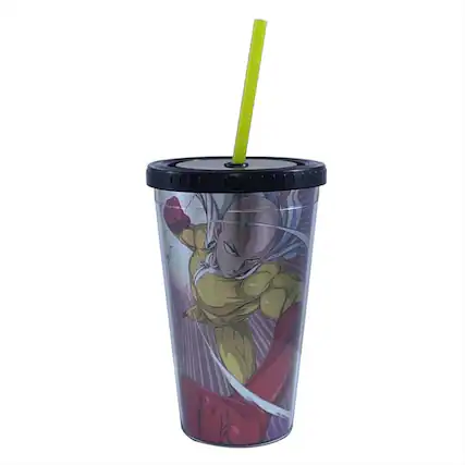 Front. Just Funky - One Man Punch Foil Print Saitama 16oz Carnival Cup w/ Straw & Lid - Multicolored.