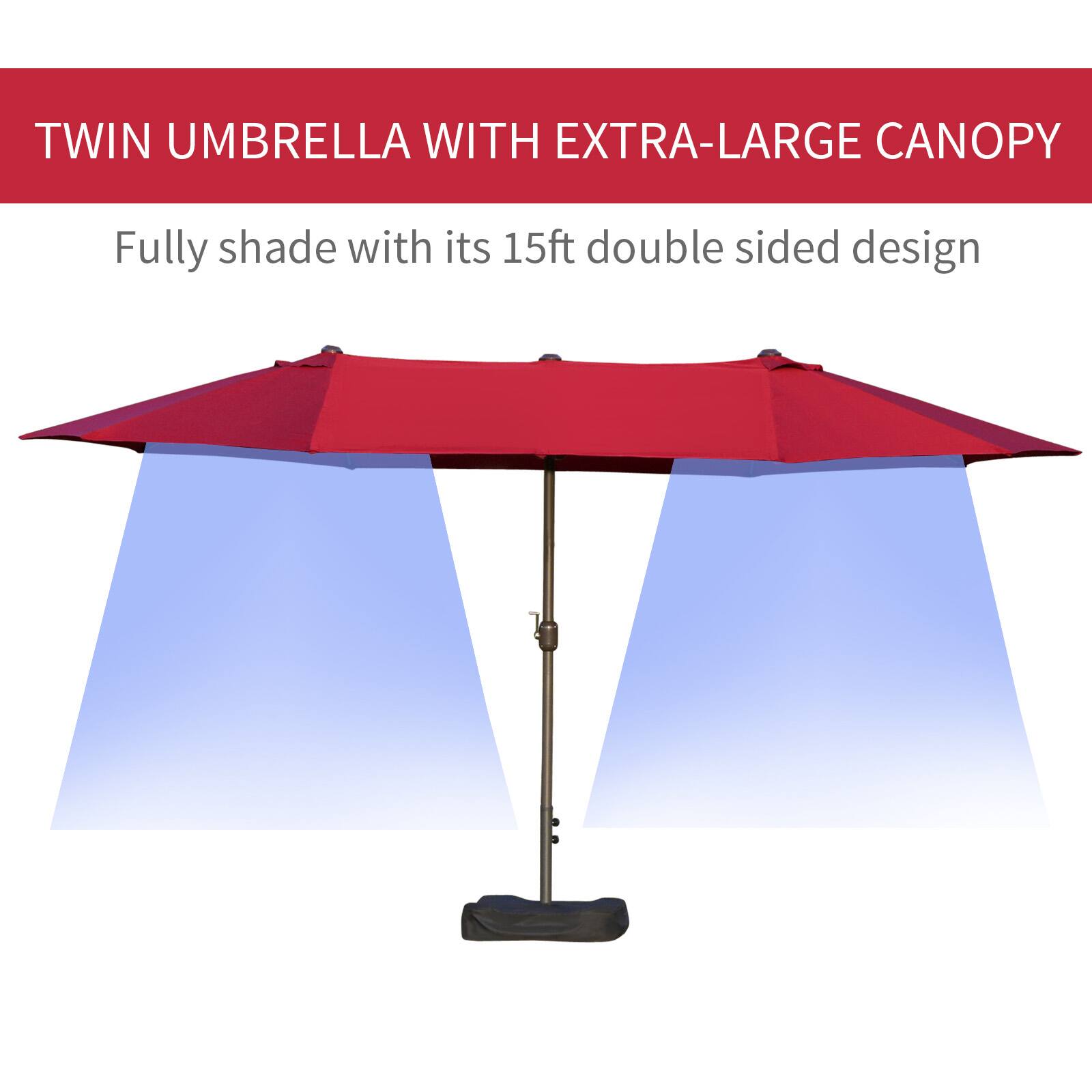 TWIN UMBRELLA WITH EXTRA-LARGE CANOPY
Fully shade with its 15ft double sided design
