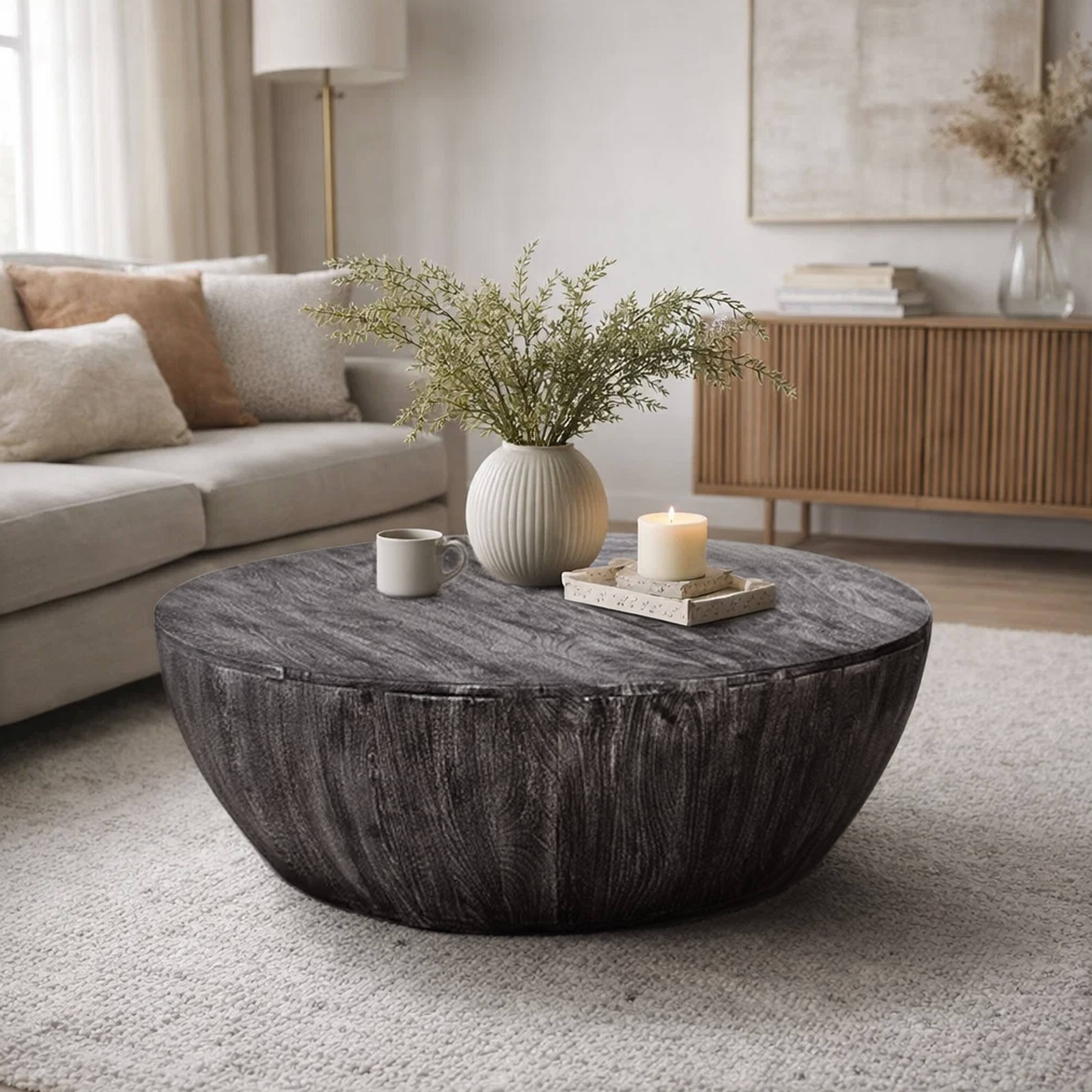 Alt View 6. Manhattan Lane - Arthur 36 Inch Farmhouse Style Handcrafted Mango Wood Coffee Table, Round Drum Shape - Sandblasted Black.