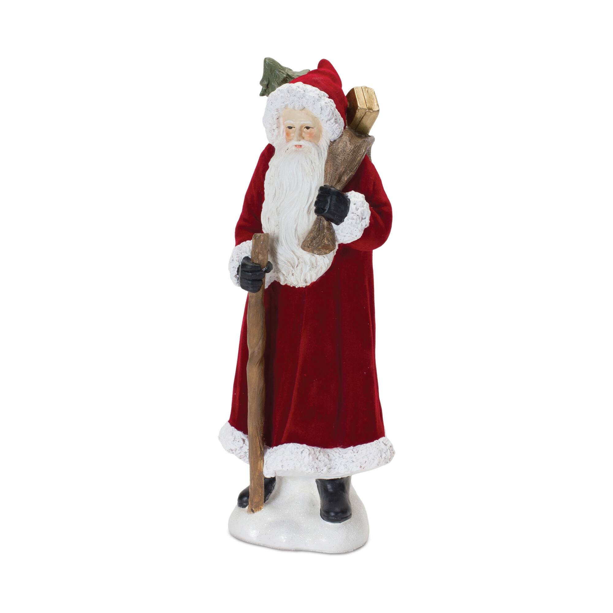 Back. BreeBe - Flocked Santa Figurine with Hood and Staff (Set of 2) - Red, White.