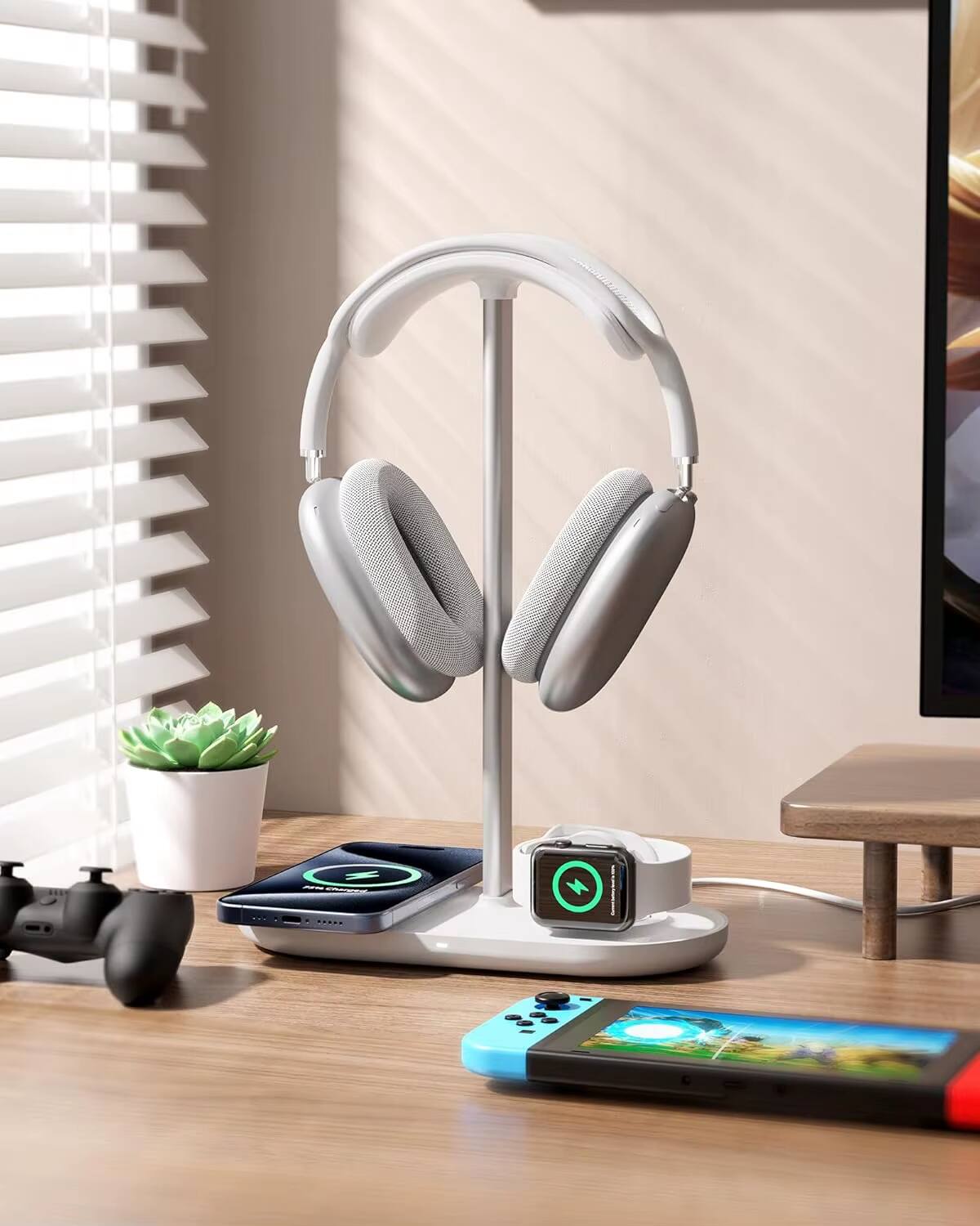 Alt View 5. Luckbyte - Magnetic 3-in-1 Wireless Charging Headphone Stand, Aluminum Alloy Desktop Holder for iPhone, iWatch & AirPods, White - White Color.