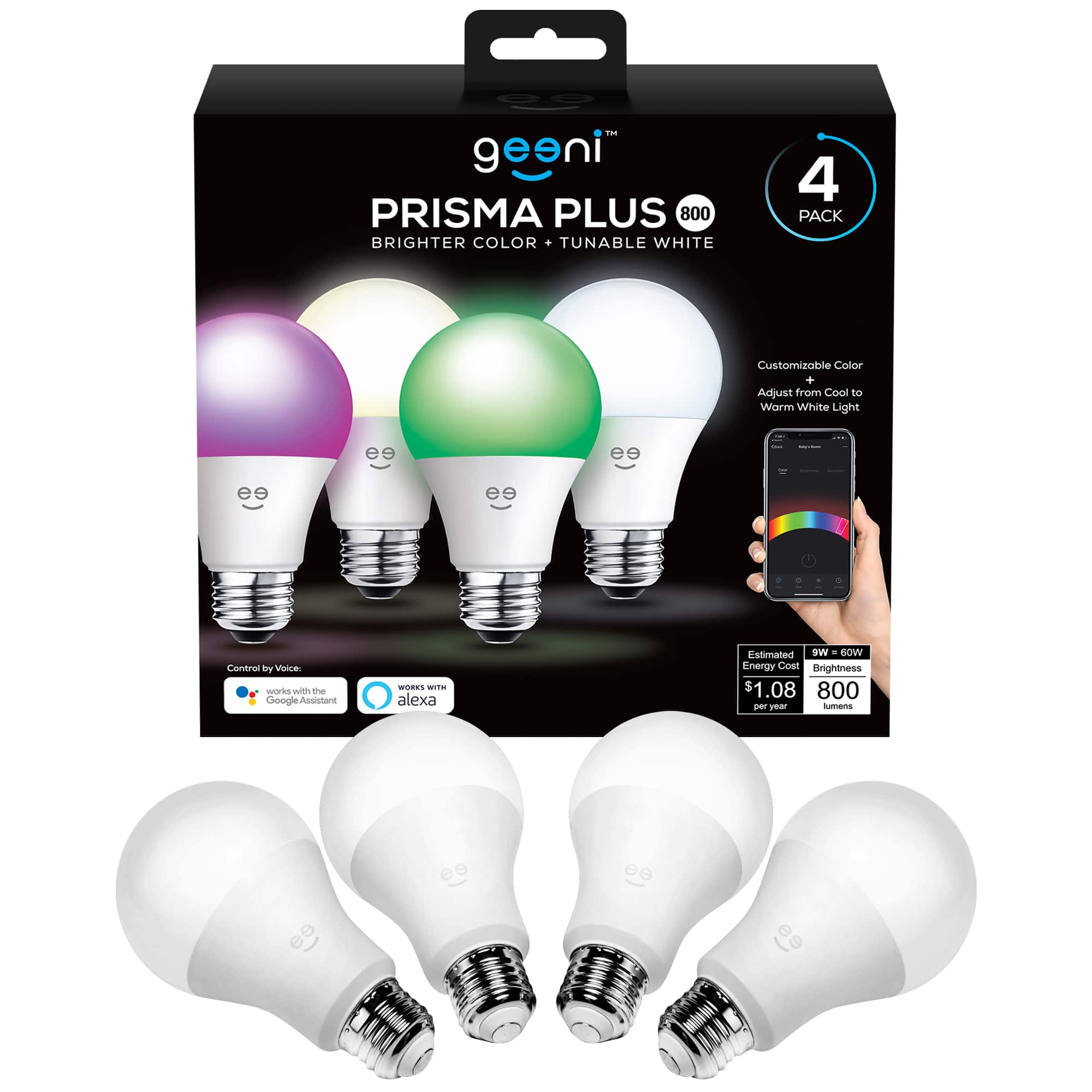 Geeni - Prisma Plus 800 Wi-Fi Smart Bulb (4-Pack) - White - Front_Zoom