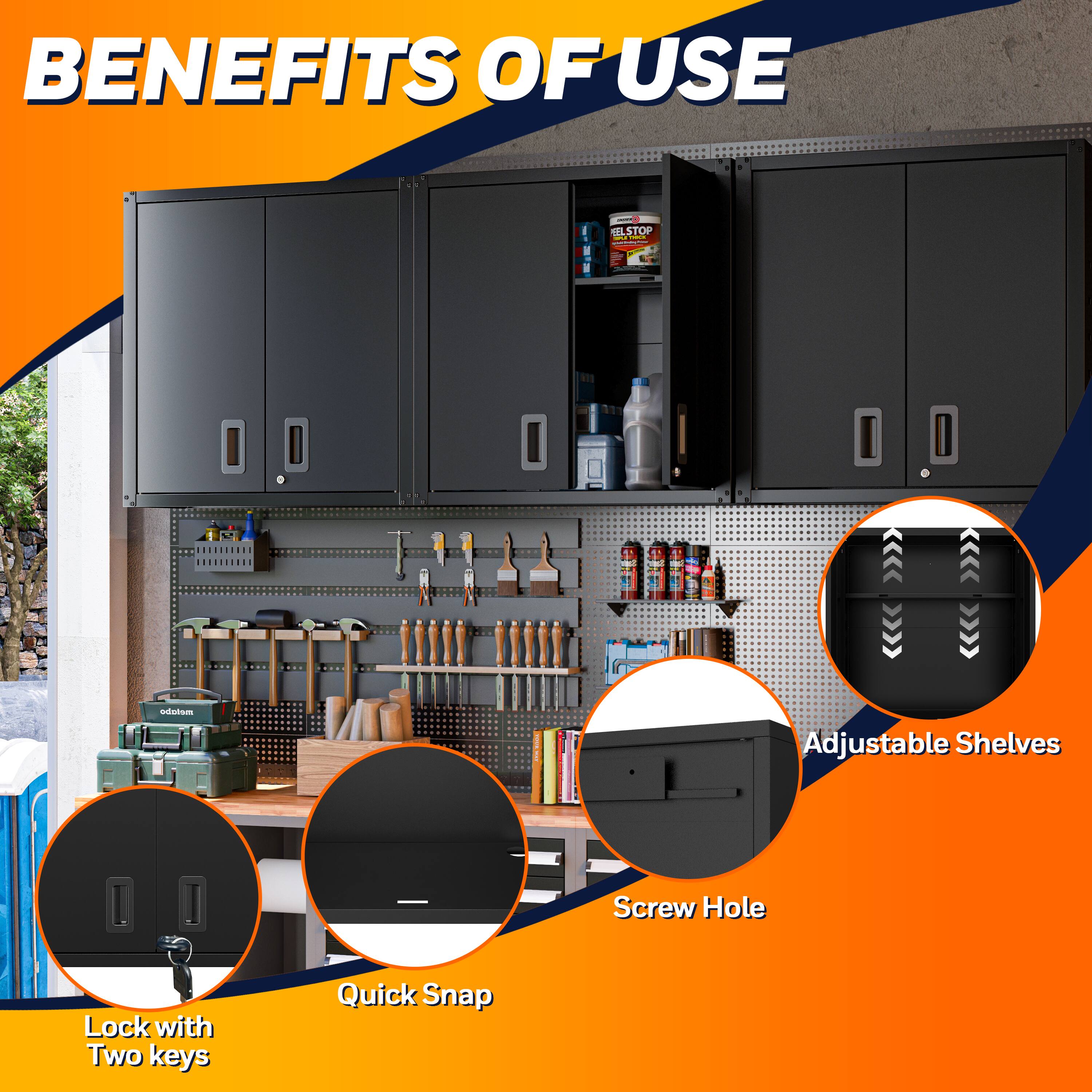 BENEFITS OF USE

- Lock with Two keys
- Quick Snap
- Adjustable Shelves
- Screw Hole