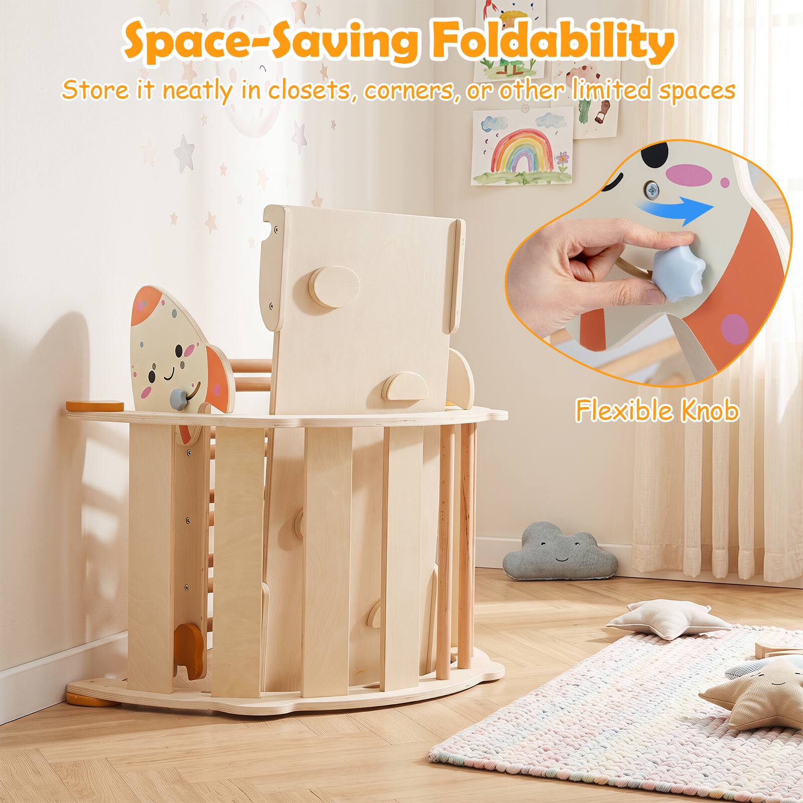 Space-Saving Foldability  
Store it neatly in closets, corners, or other limited spaces  
Flexible Knob